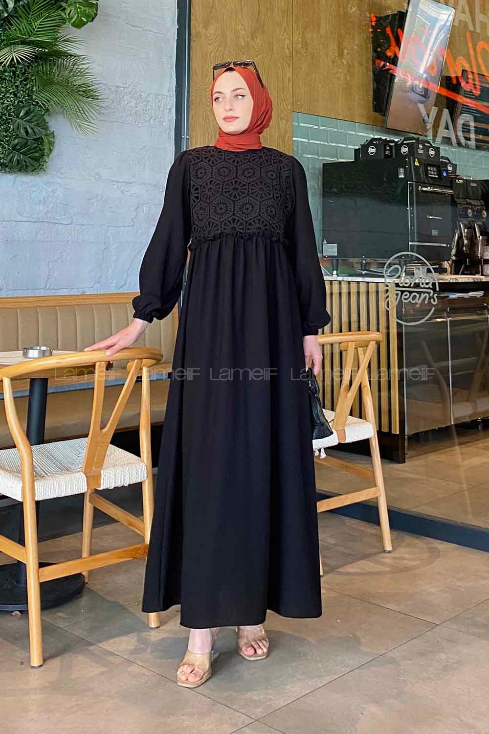 Lamelif Brode Elbise Siyah