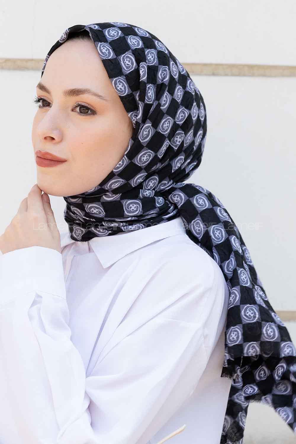 Gray Black Cotton Fabric Flowering Shawl