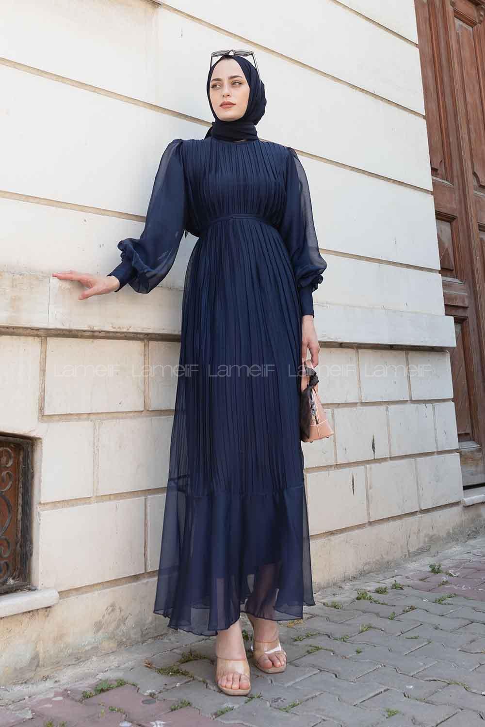 Lamelif Sofia Premium  Pliseli Elbise Lacivert