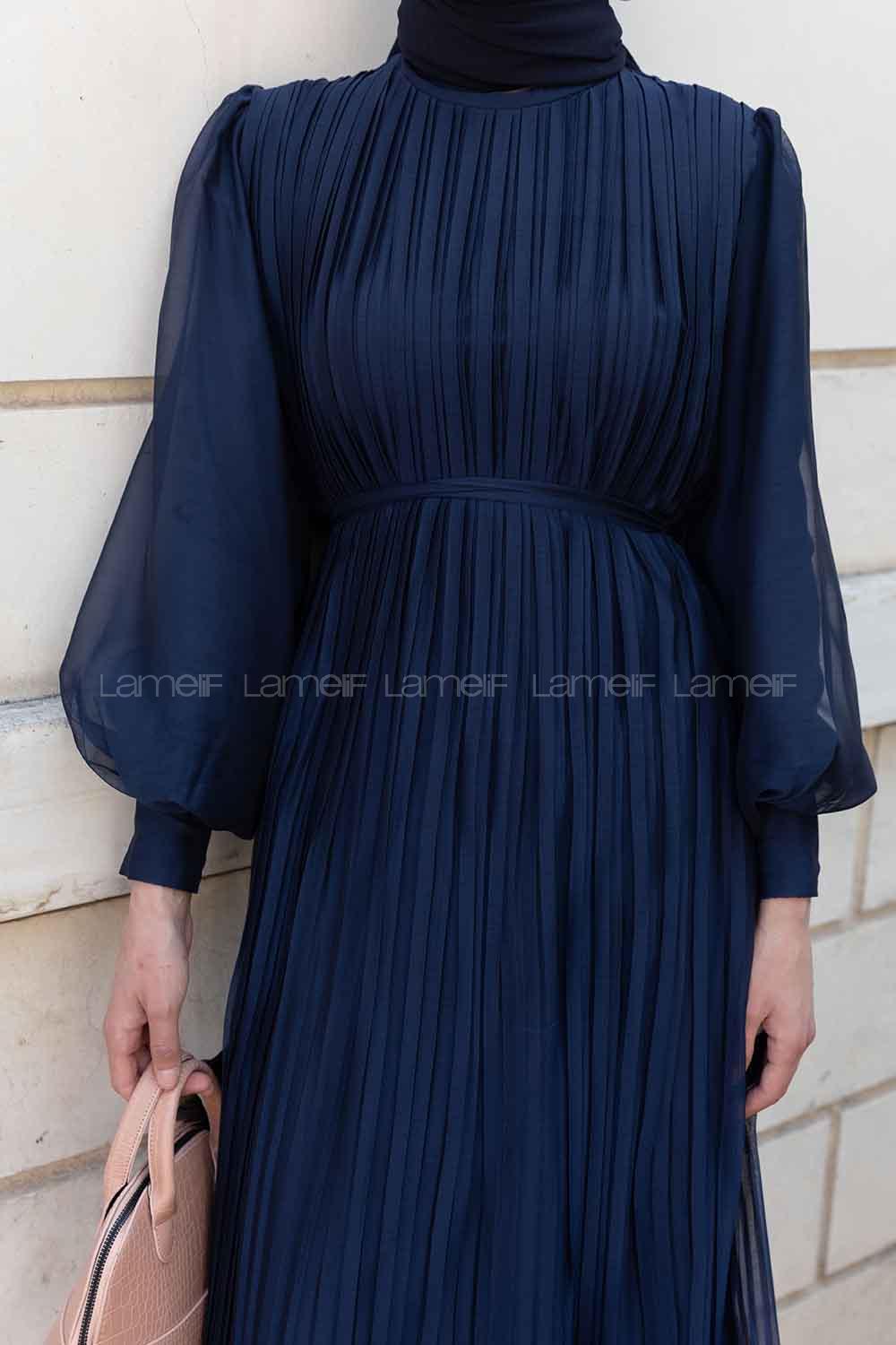 Lamelif Sofia Premium  Pliseli Elbise Lacivert