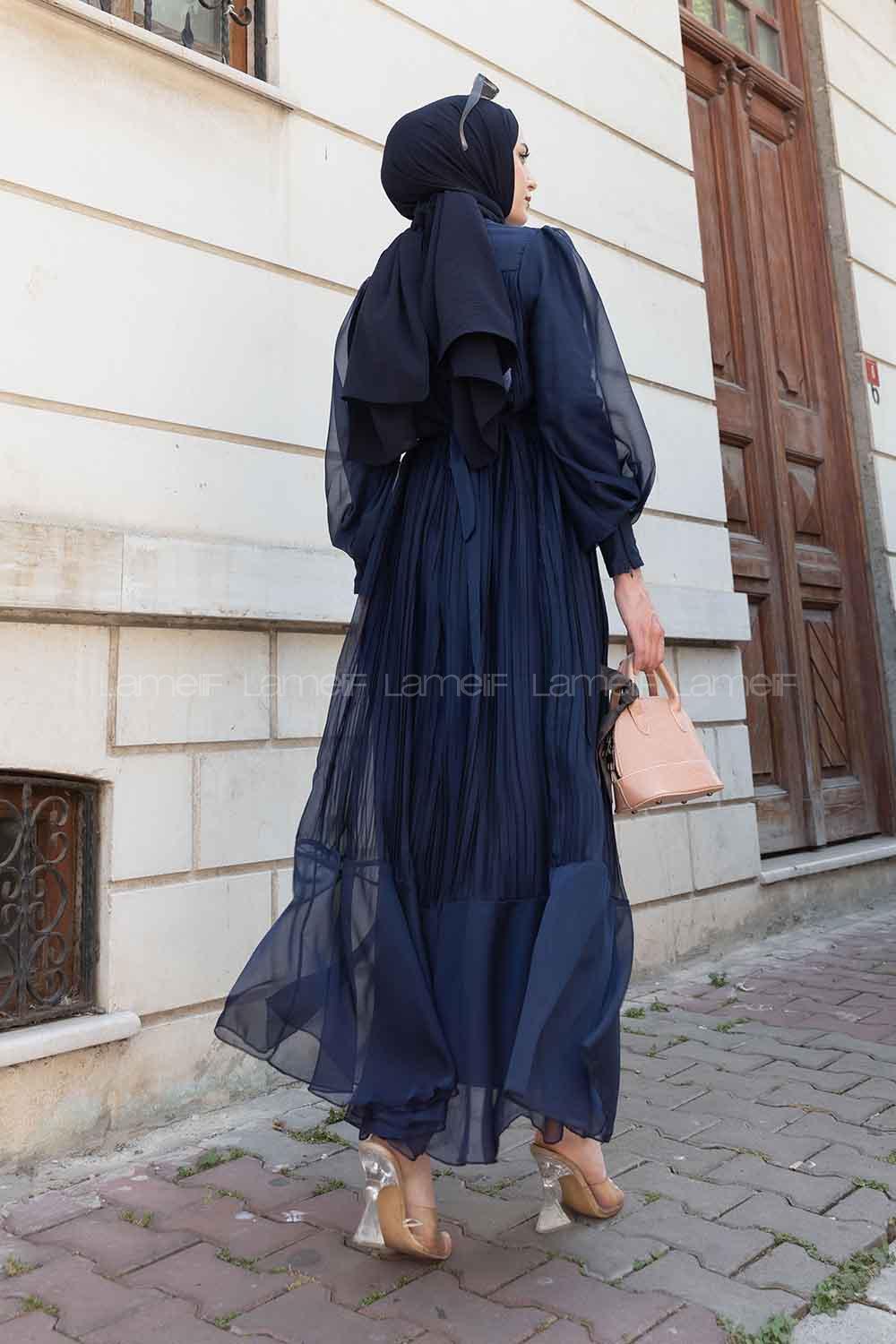 Lamelif Sofia Premium  Pliseli Elbise Lacivert
