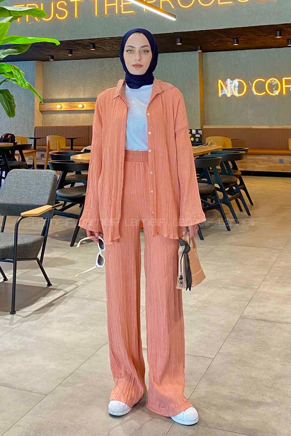 Lamelif İkili Gofre Tesettür Takım Pudra