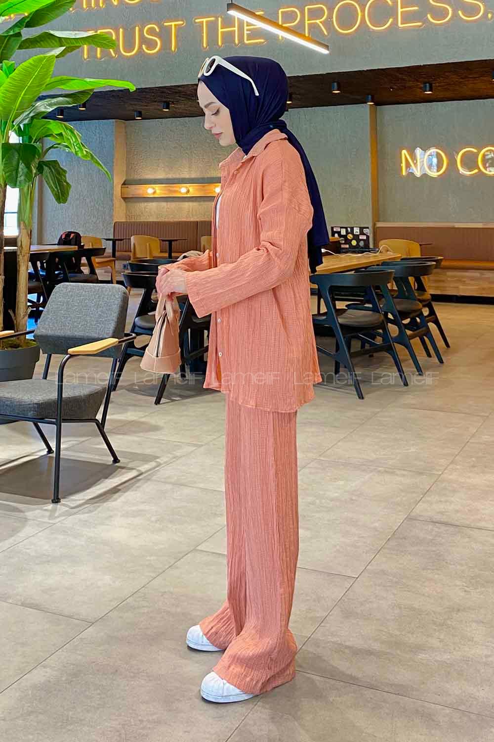 Lamelif İkili Gofre Tesettür Takım Pudra