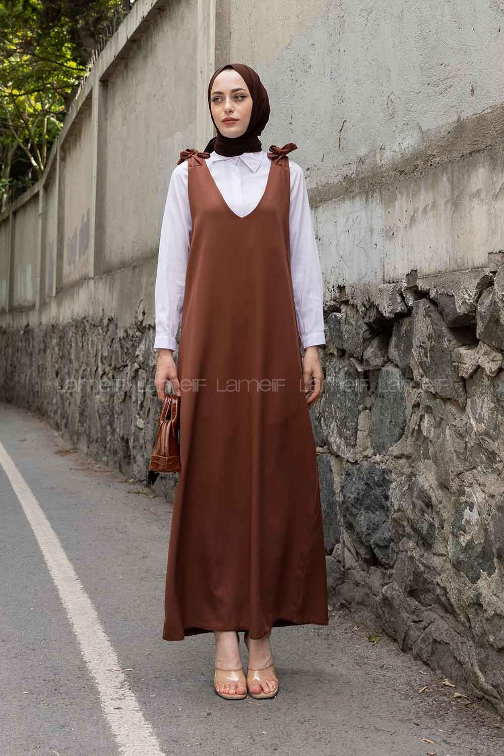 Bitter Brown V Neck Scoop Neck Viscose Fabric Elastan Unprinted Dresess