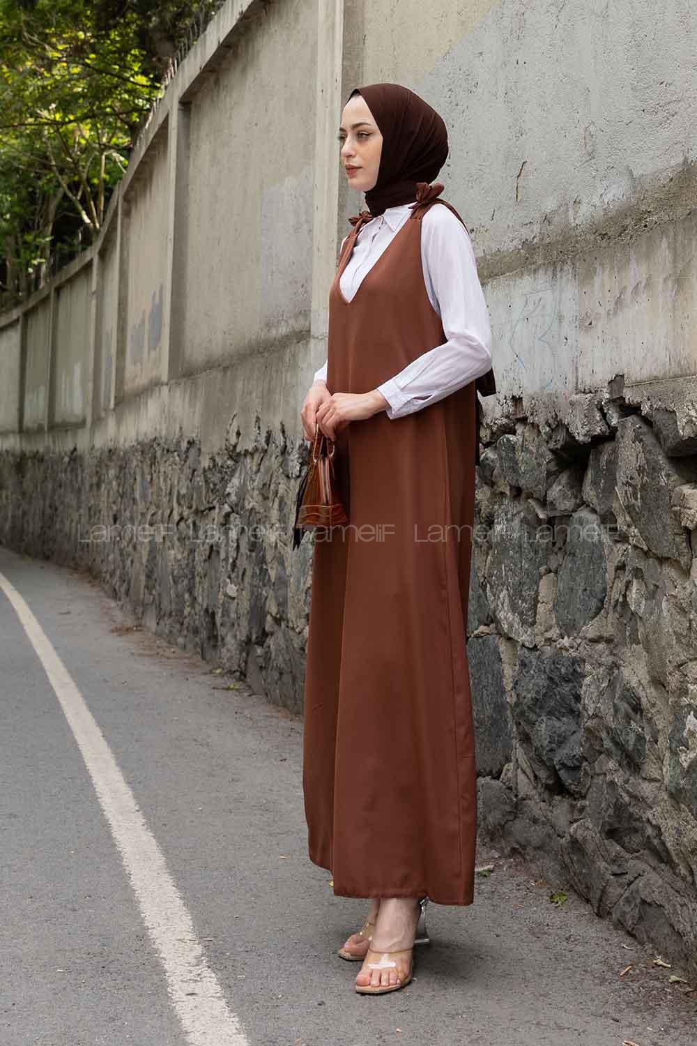 Bitter Brown V Neck Scoop Neck Viscose Fabric Elastan Unprinted Dresess