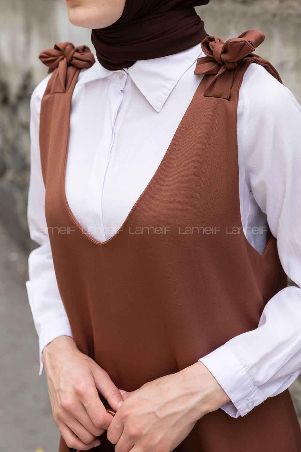 Bitter Brown V Neck Scoop Neck Viscose Fabric Elastan Unprinted Dresess