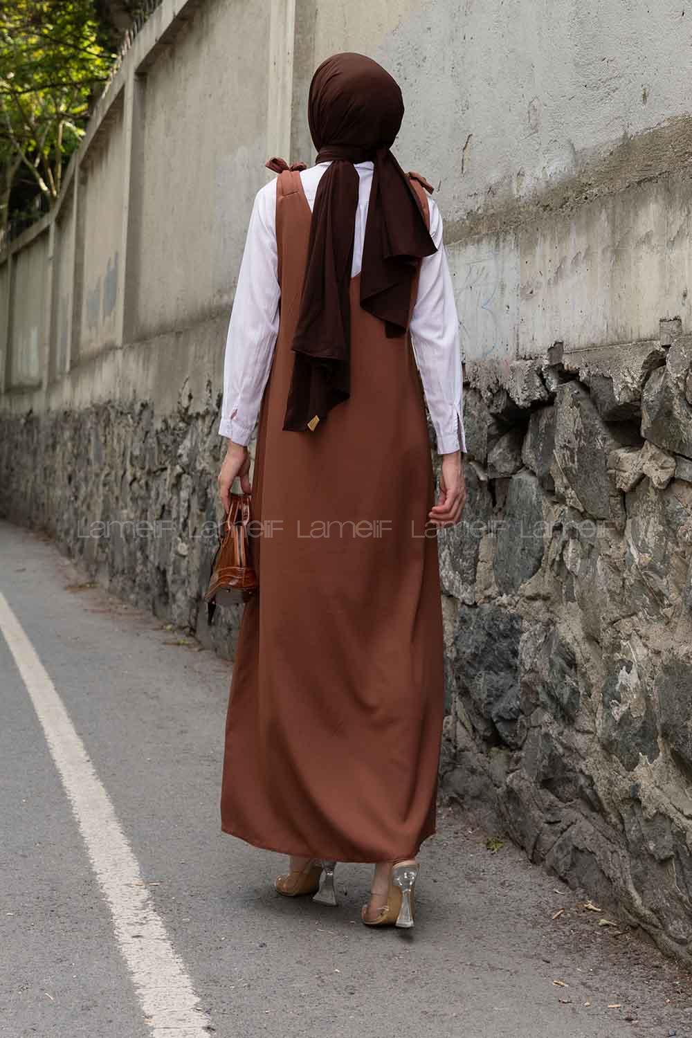 Bitter Brown V Neck Scoop Neck Viscose Fabric Elastan Unprinted Dresess