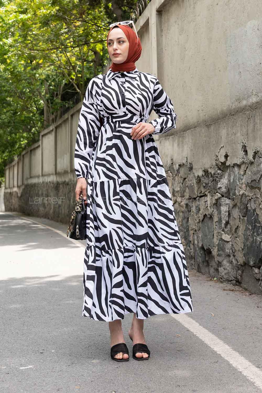 White Black Shirt Collar Cotton Printed Dresess