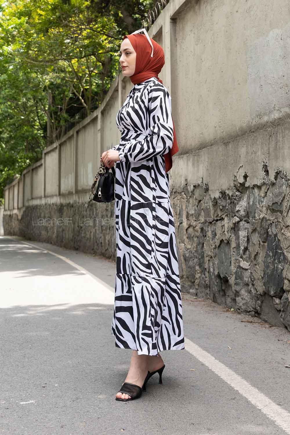 White Black Shirt Collar Cotton Printed Dresess