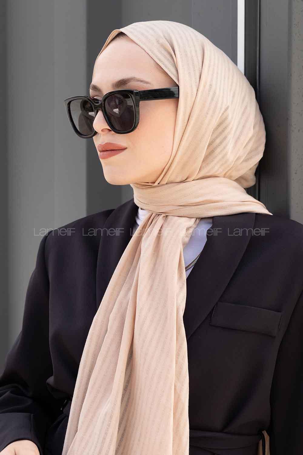 Beige Cotton Striped Striped Shawl