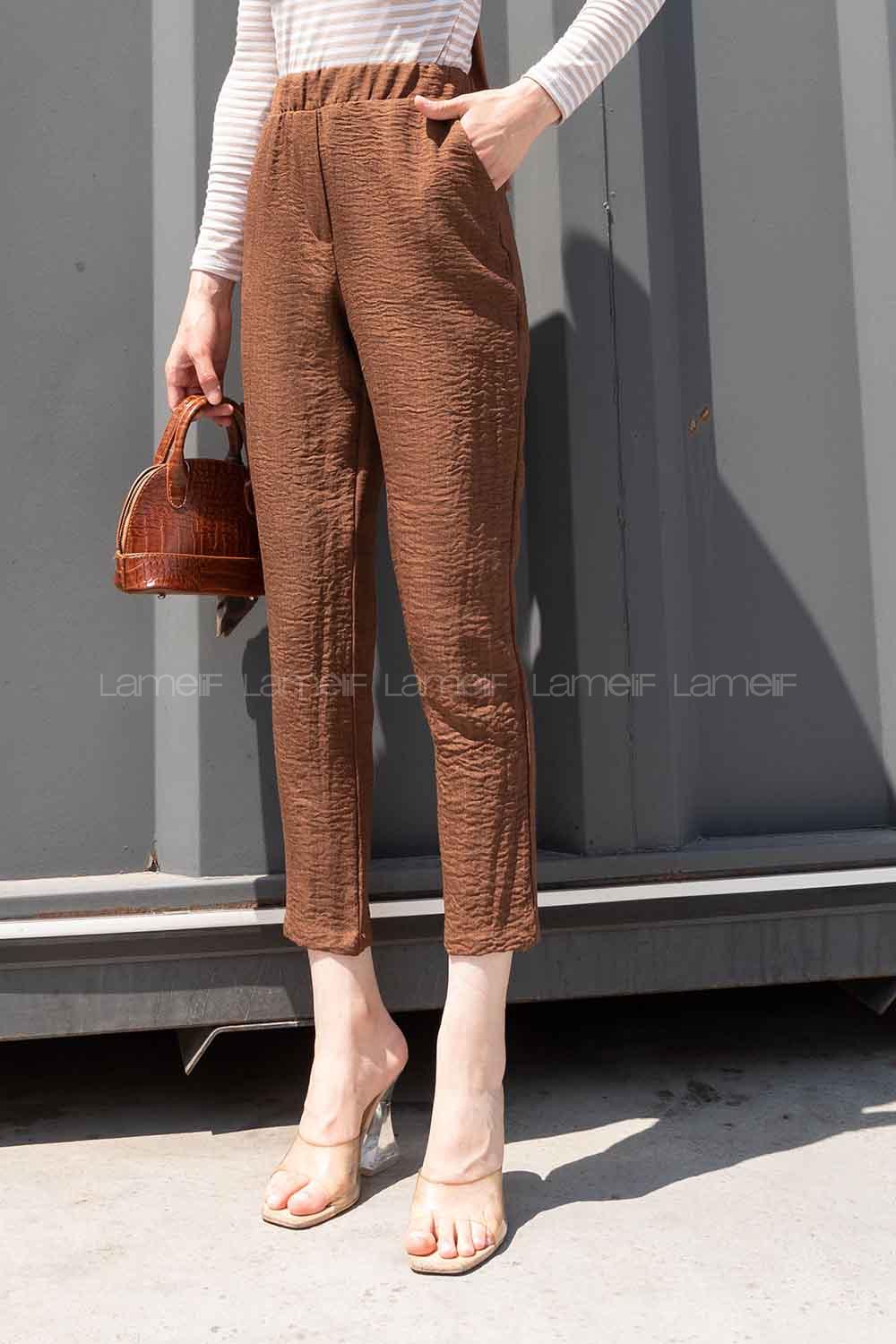 Bitter Brown Linen Cotton Fabric High Waist Elastic Waist Comfortable Pants