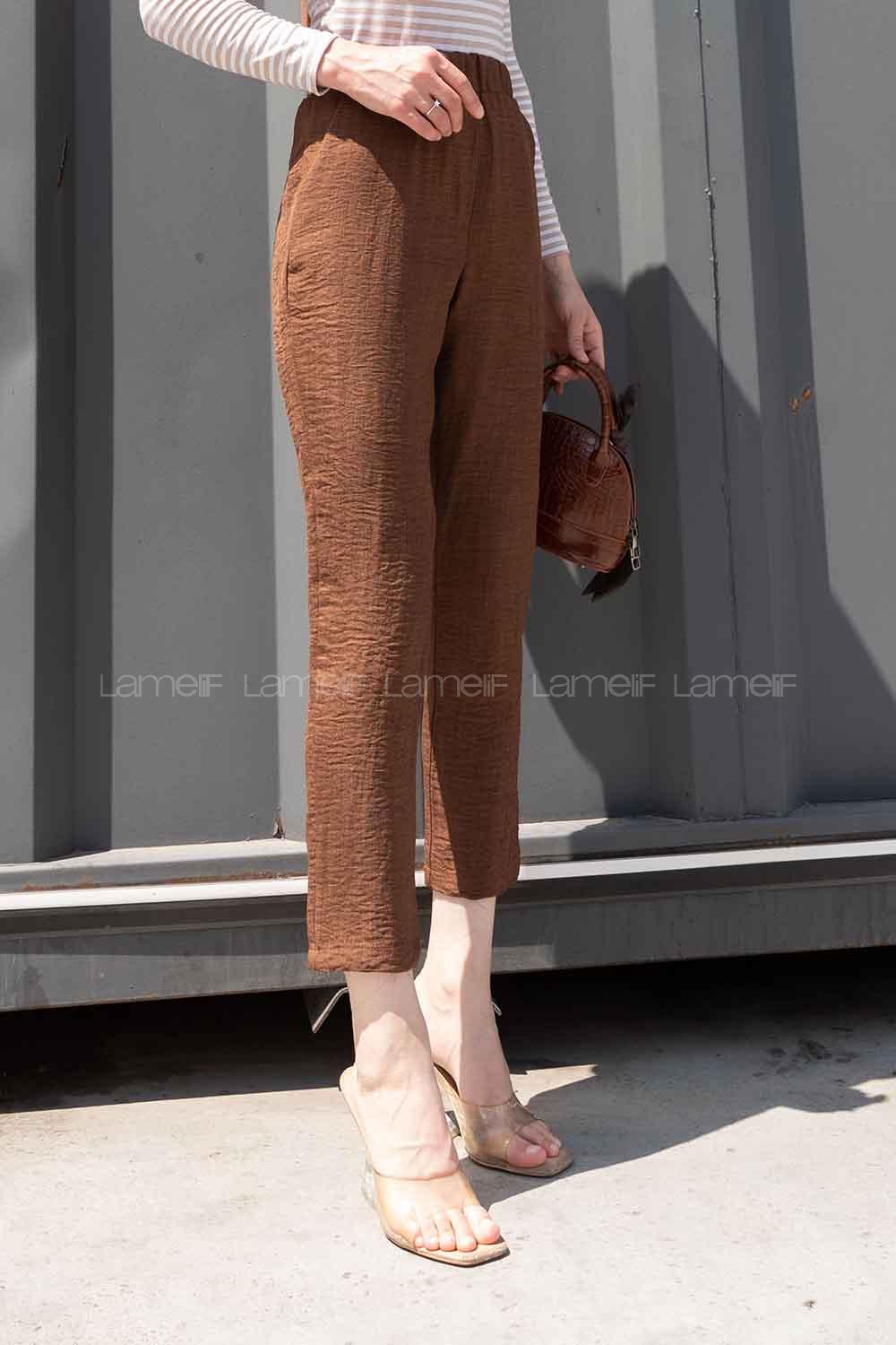 Bitter Brown Linen Cotton Fabric High Waist Elastic Waist Comfortable Pants