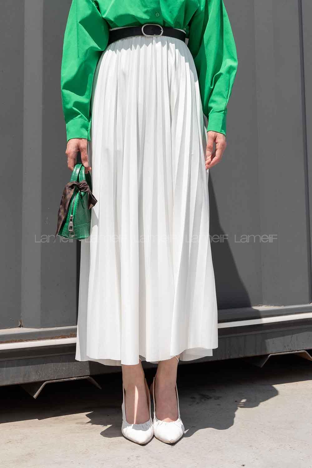 White Satin Fabric Unprinted Pleated Skirt