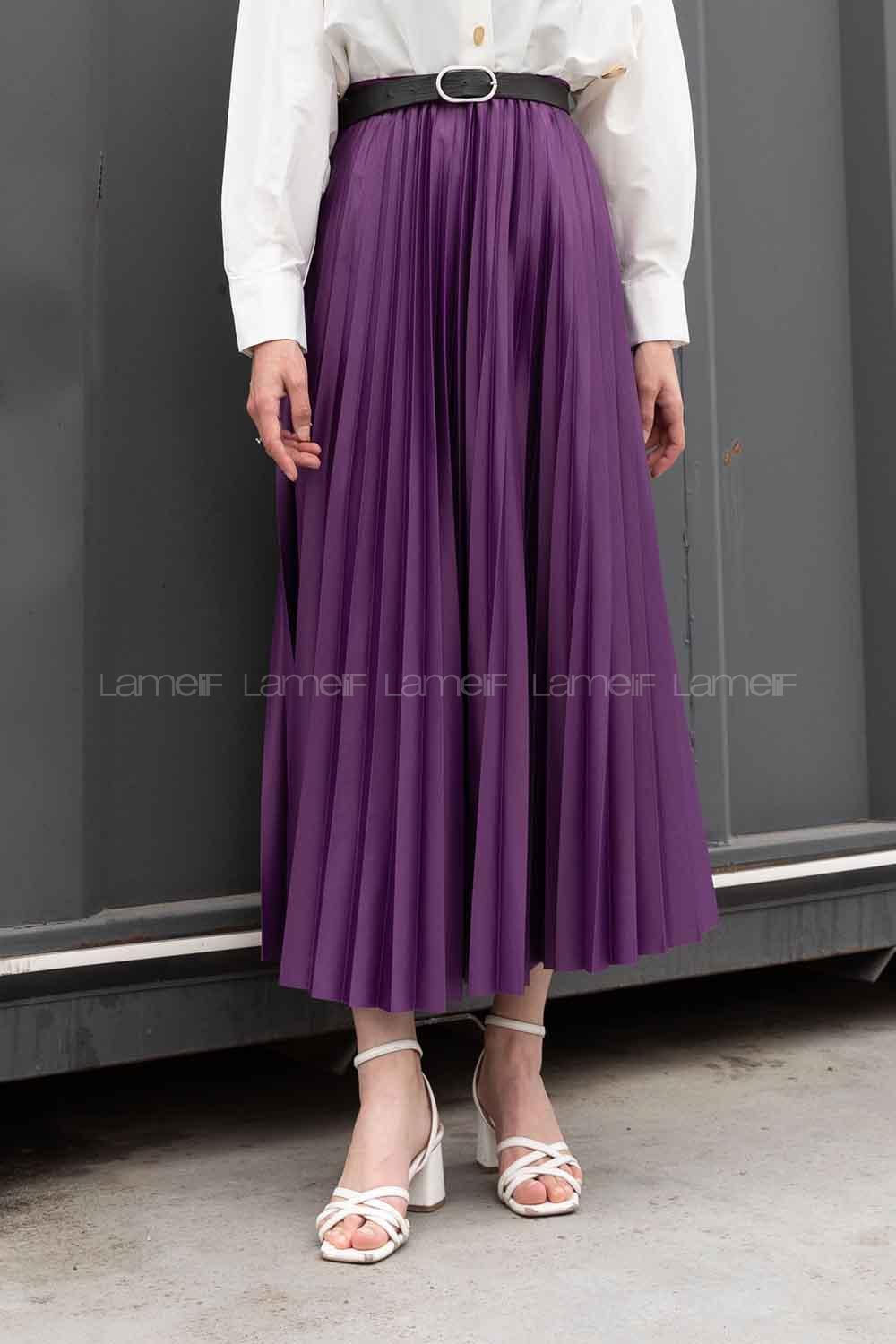 Lamelif Beli Elastik Detaylı Pliseli Etek Mor