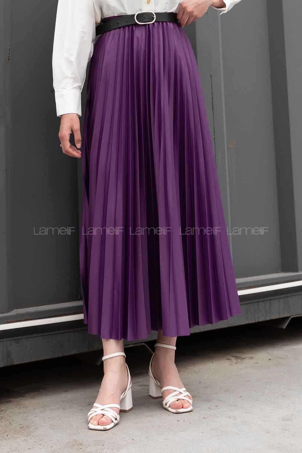 Lamelif Beli Elastik Detaylı Pliseli Etek Mor