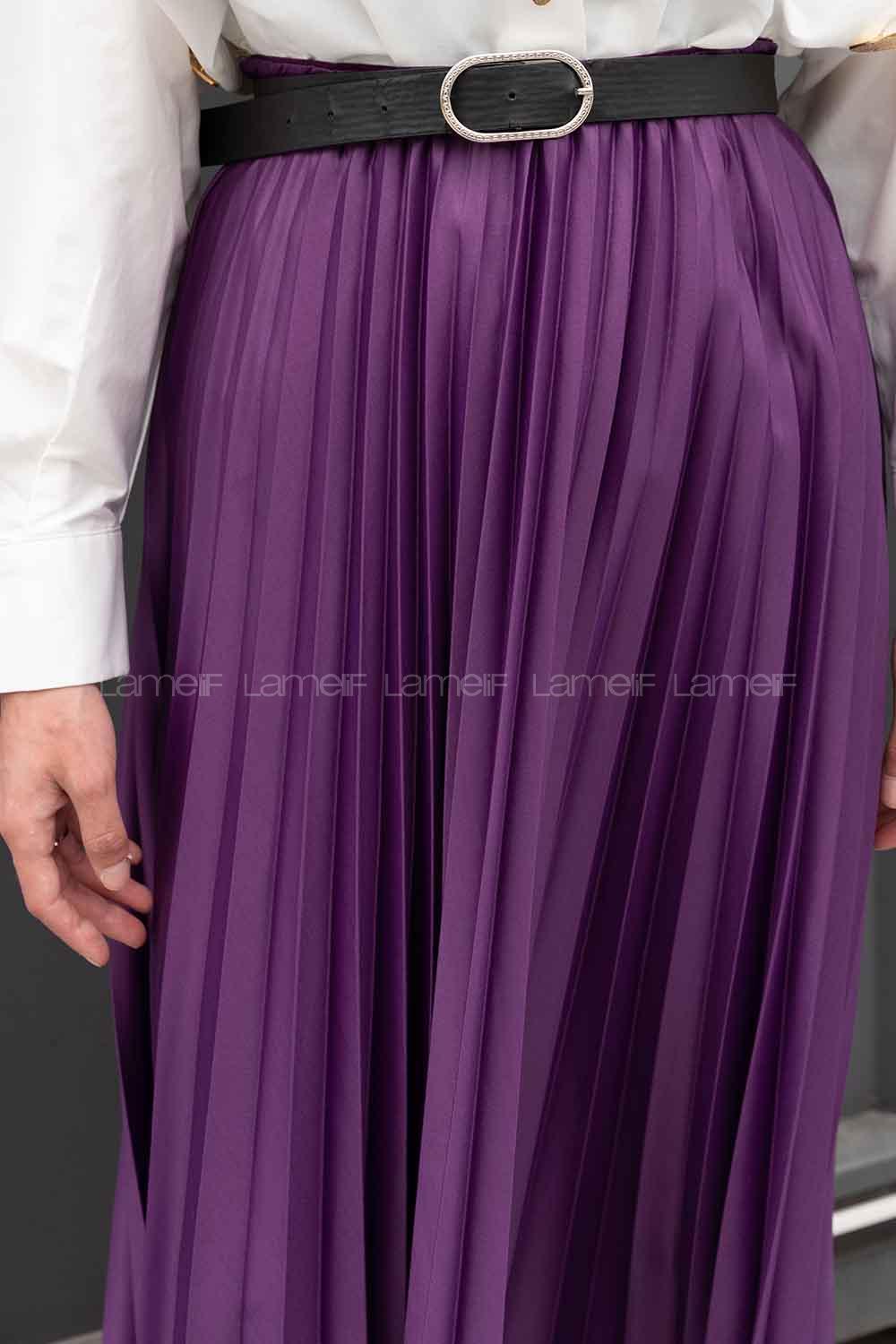 Lamelif Beli Elastik Detaylı Pliseli Etek Mor