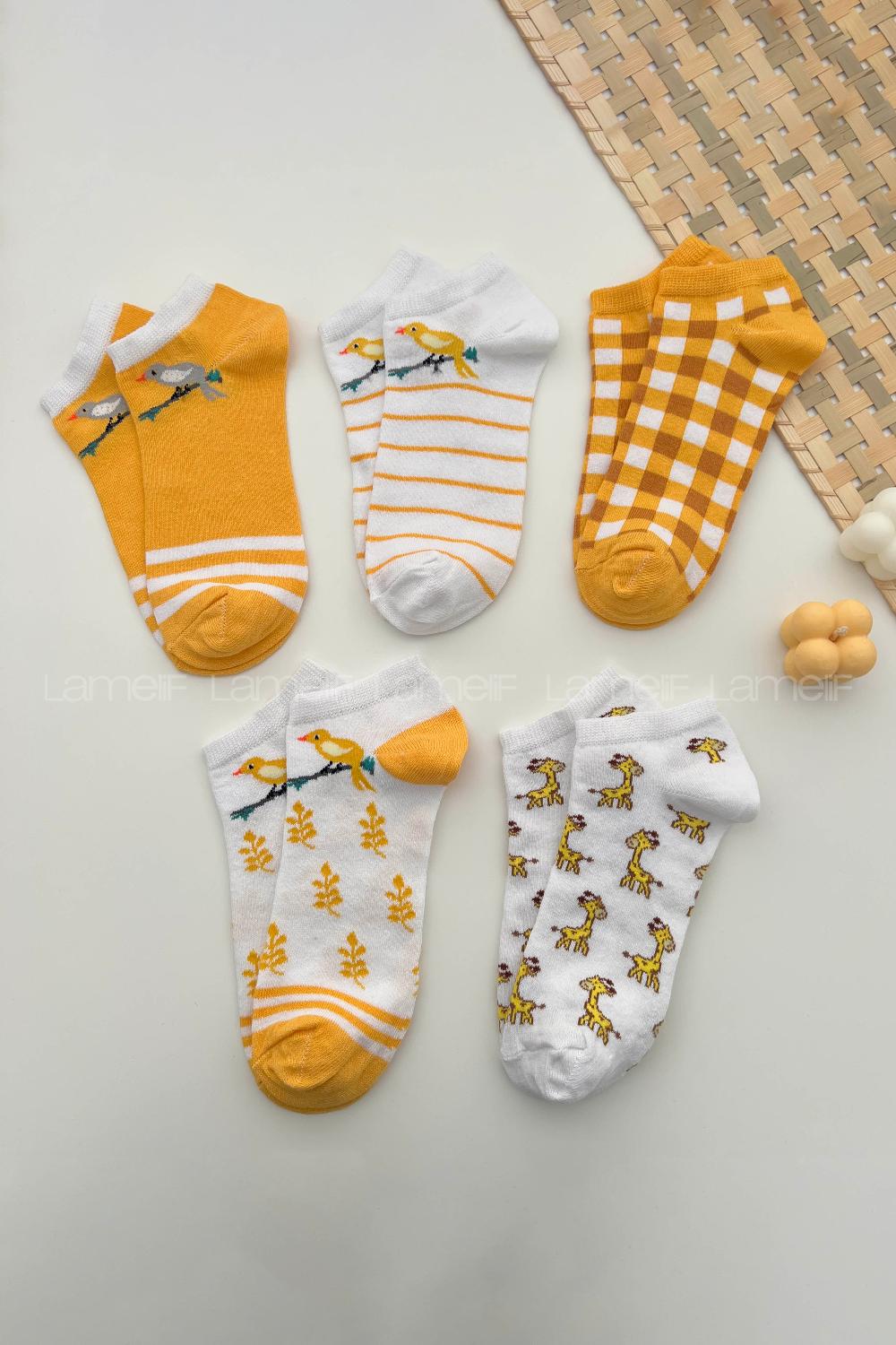 Lamelif  5li Kuş Desenli Patik Çorap