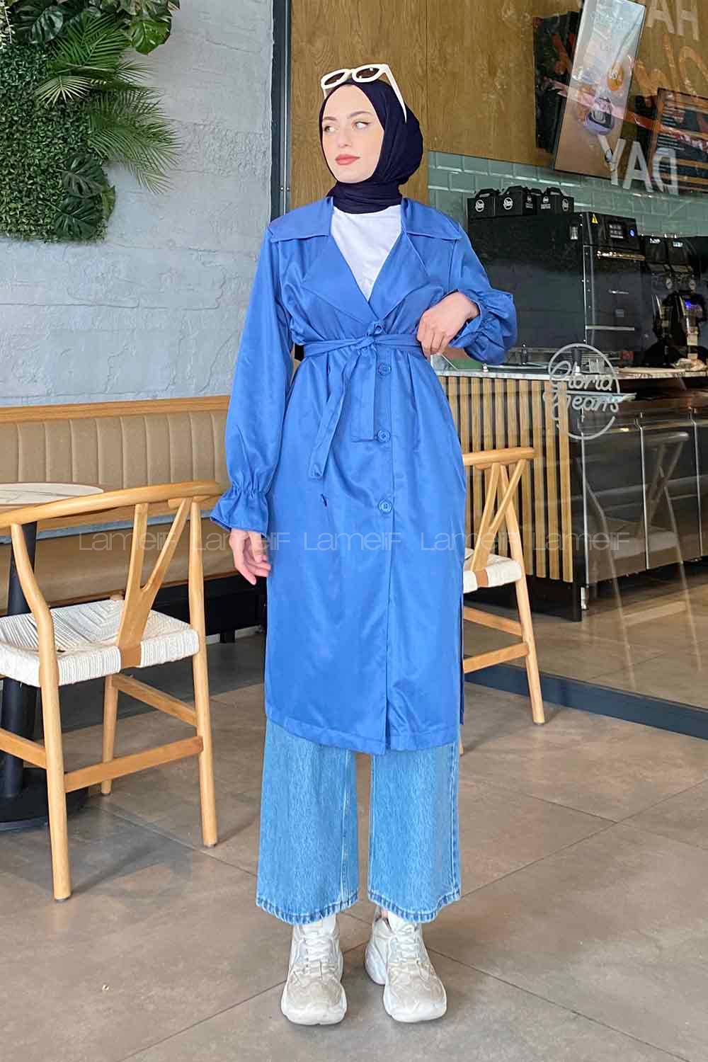 Lamelif Kol Lastikli Belden Bağlamalı Trenç Mavi