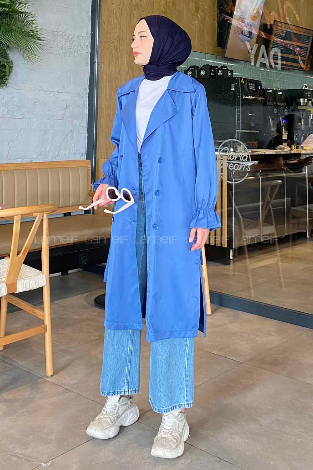 Lamelif Kol Lastikli Belden Bağlamalı Trenç Mavi