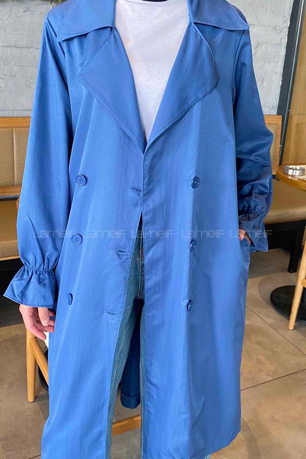 Lamelif Kol Lastikli Belden Bağlamalı Trenç Mavi