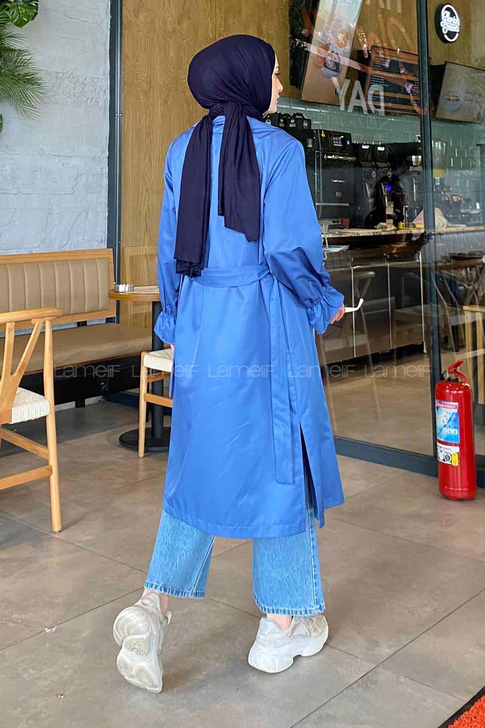 Lamelif Kol Lastikli Belden Bağlamalı Trenç Mavi