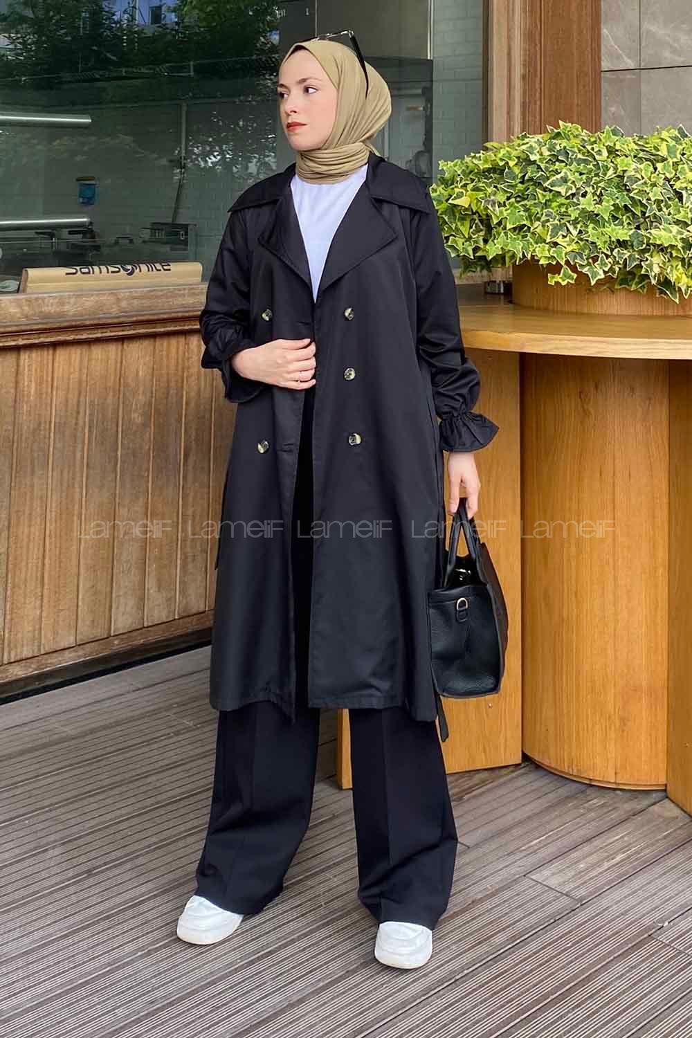 Black Long Arm Belted Cotton Trench Coat