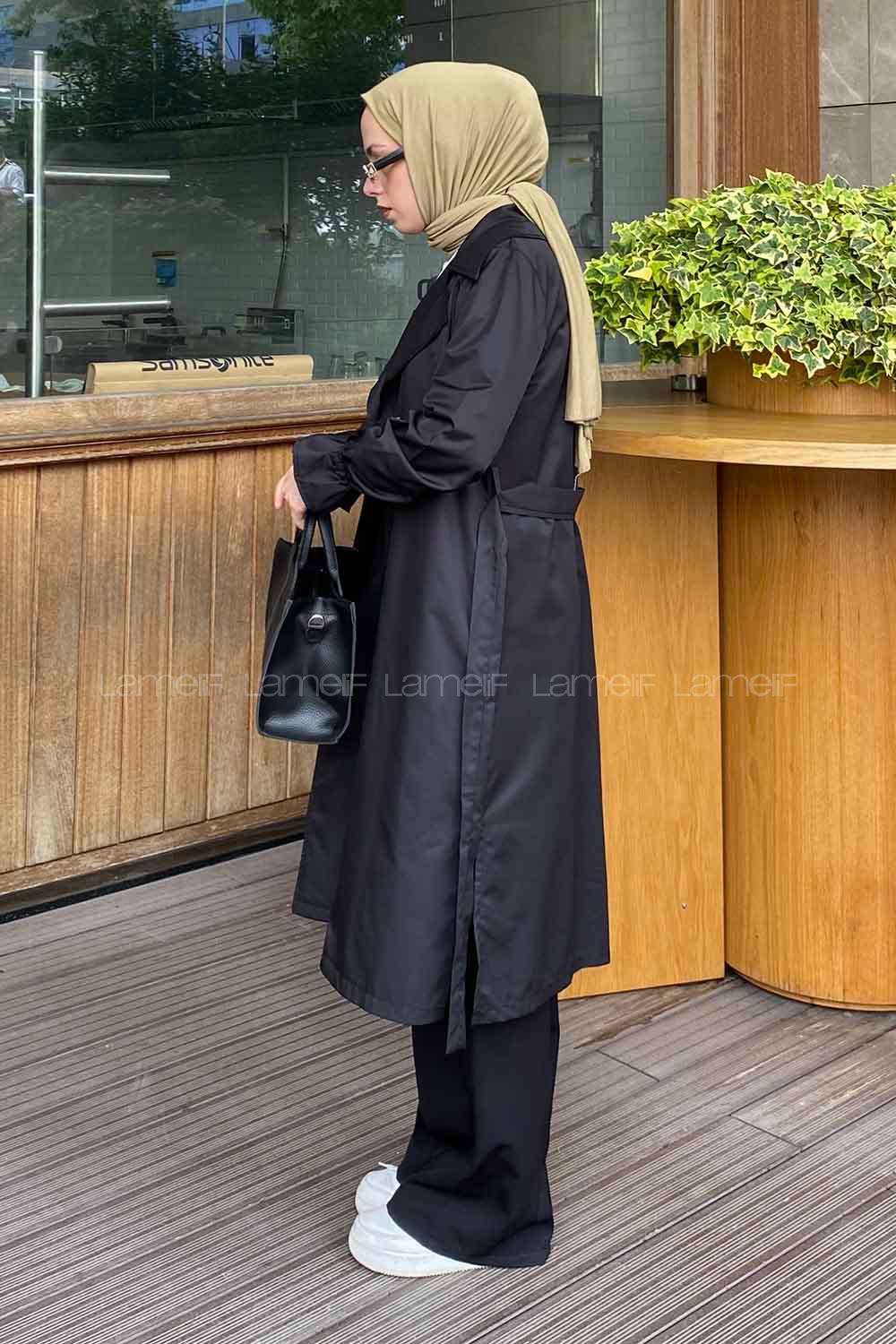 Black Long Arm Belted Cotton Trench Coat