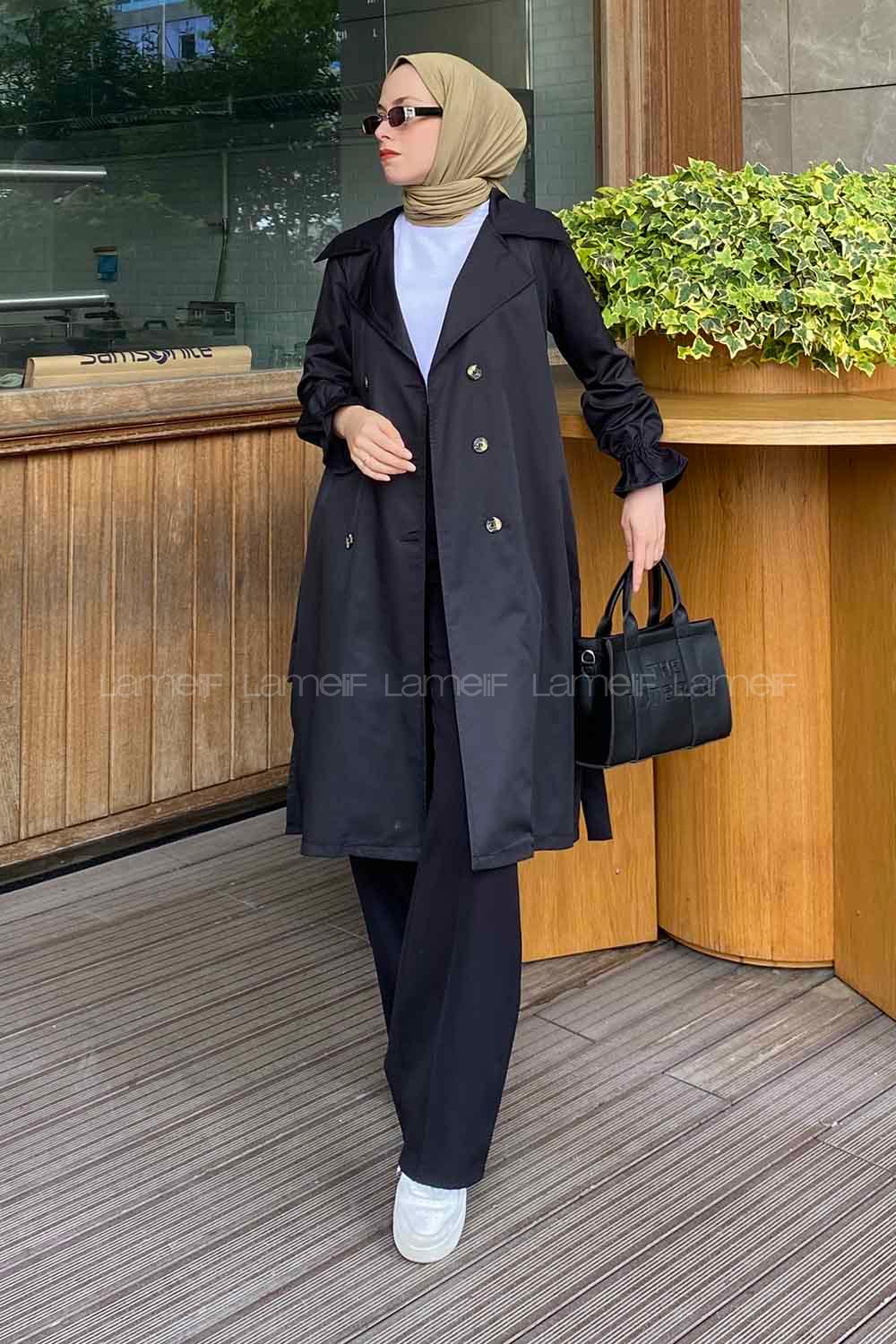 Black Long Arm Belted Cotton Trench Coat