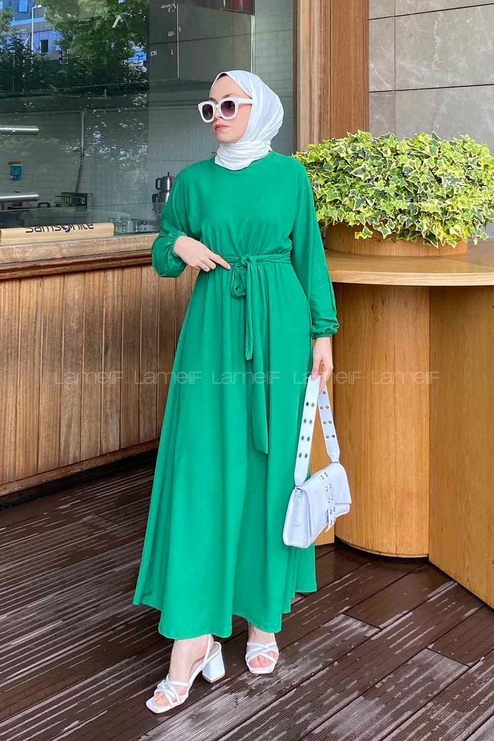 Dark Green Crew Neck Cotton Fabric Unprinted Dresess