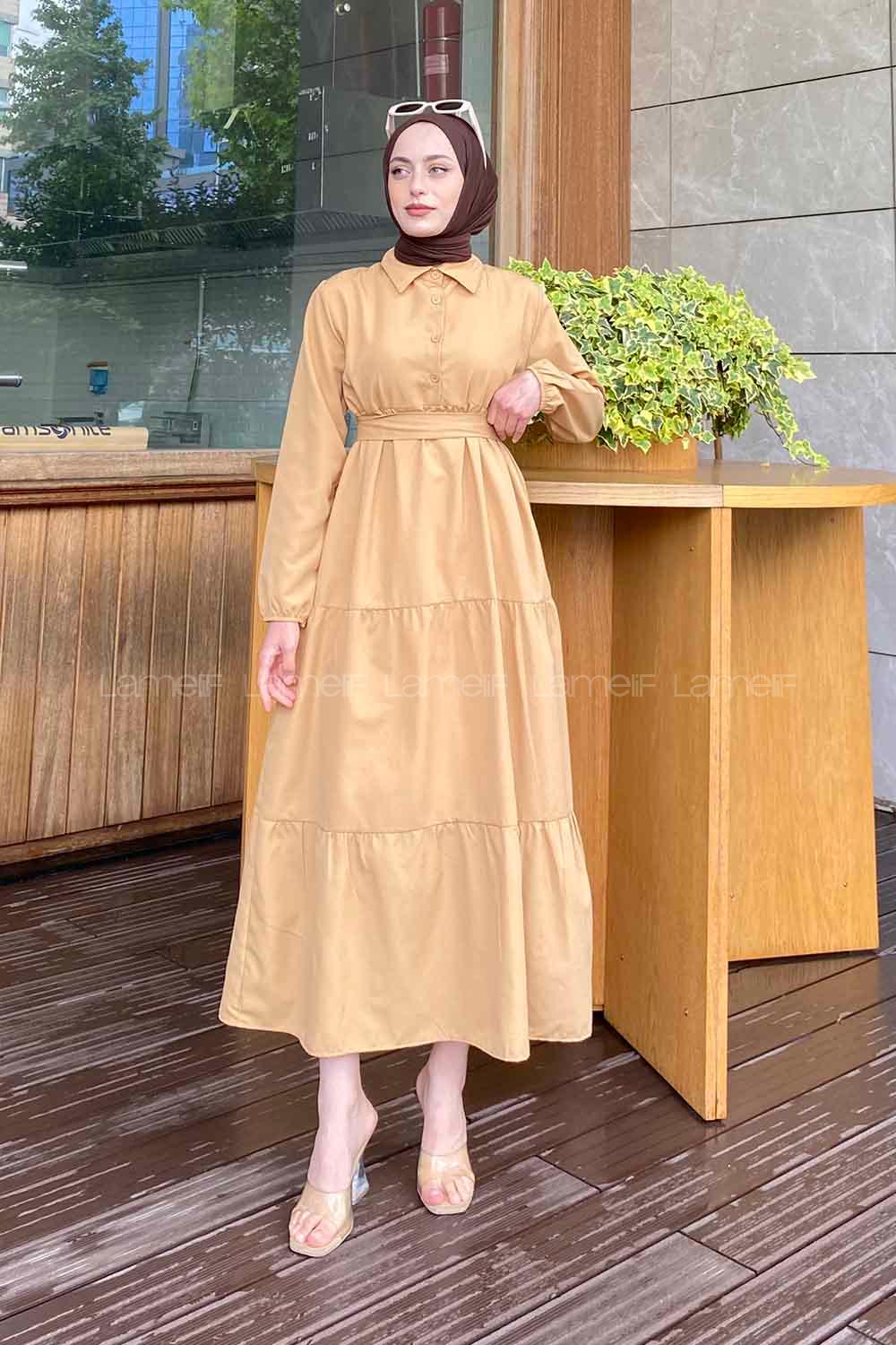 Brown With Milk Medium Crew Neck Cotton Fabric Unprinted Dresess