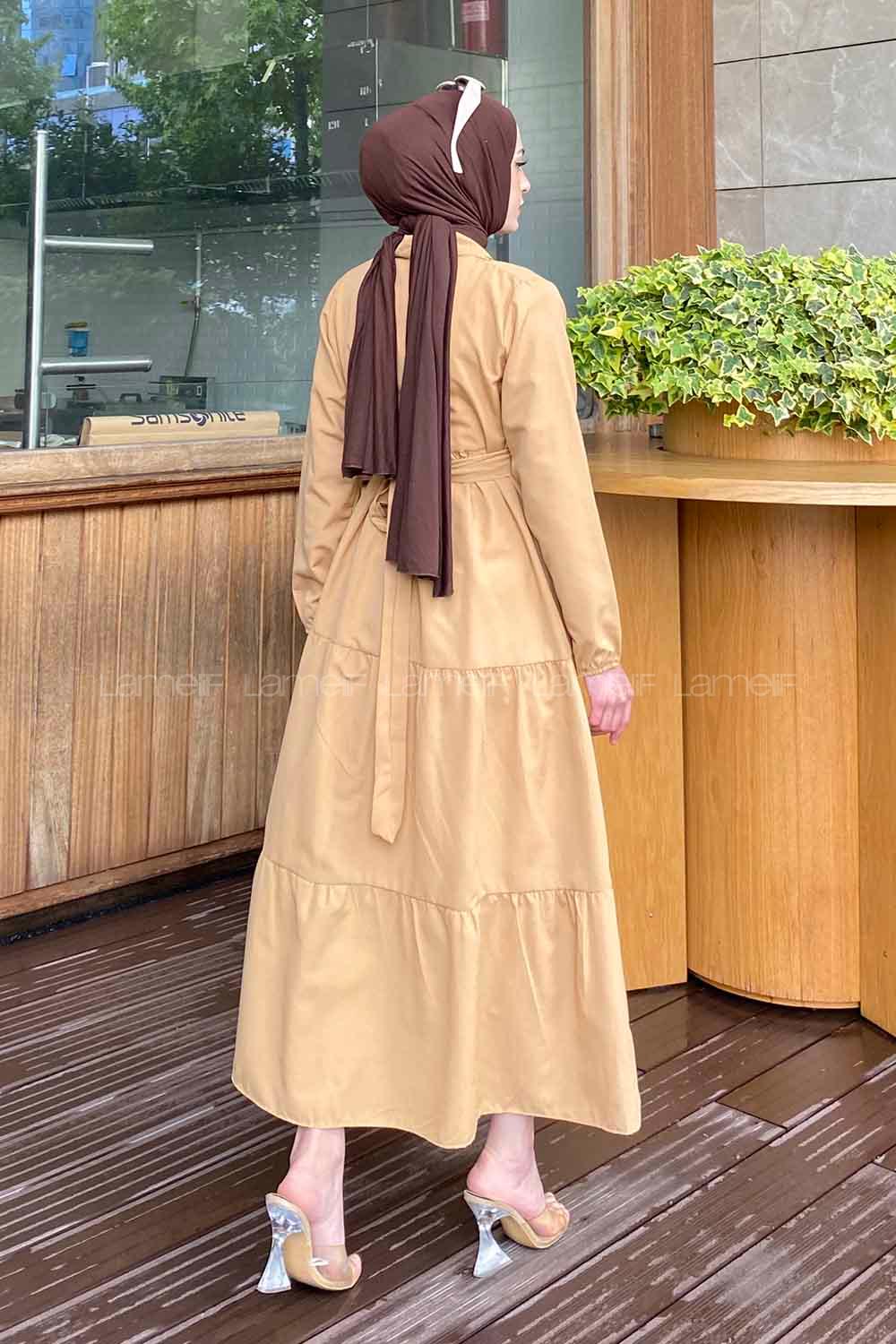 Brown With Milk Medium Crew Neck Cotton Fabric Unprinted Dresess