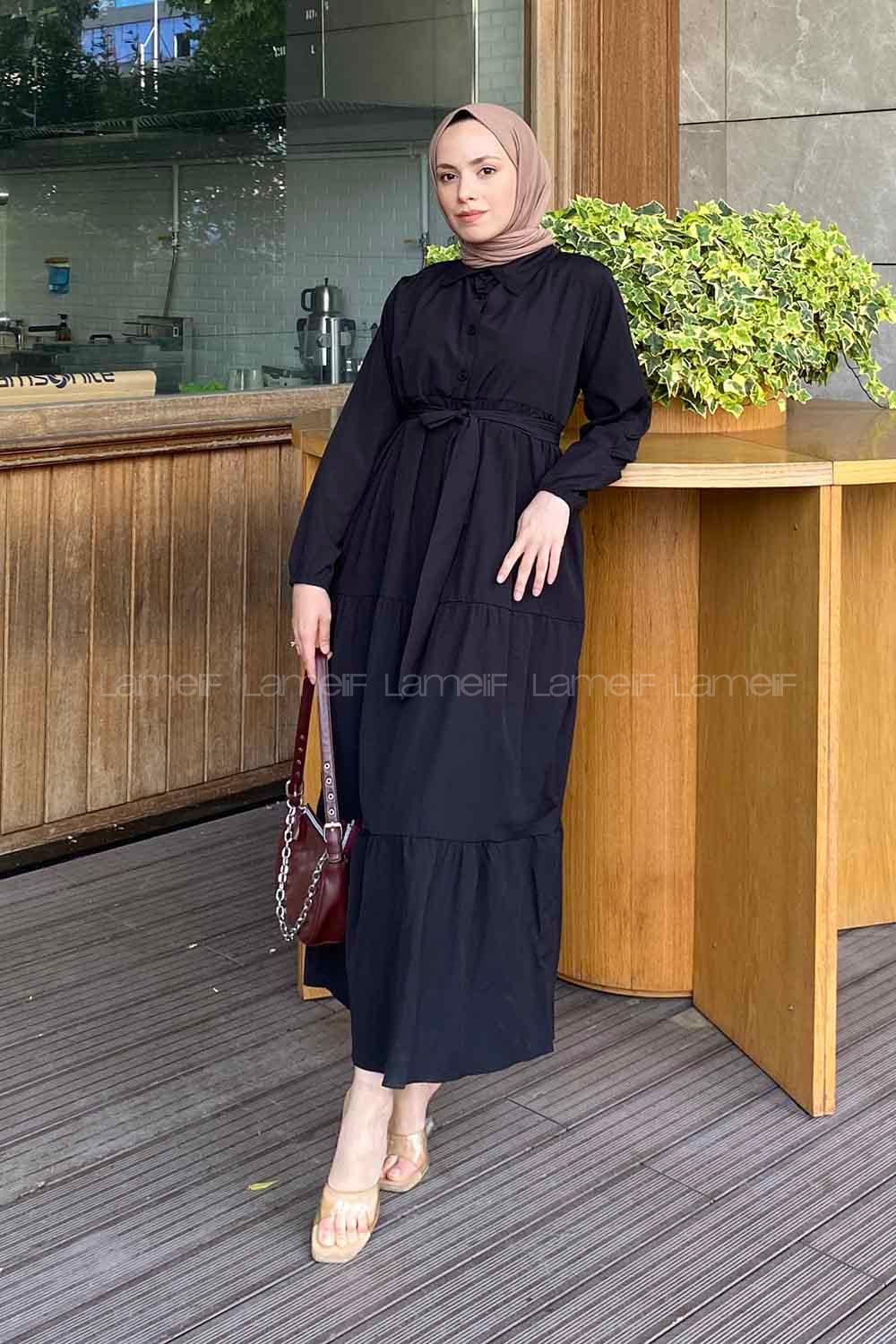 Lamelif Yarım Düğme Detaylı Terikoton Elbise Siyah