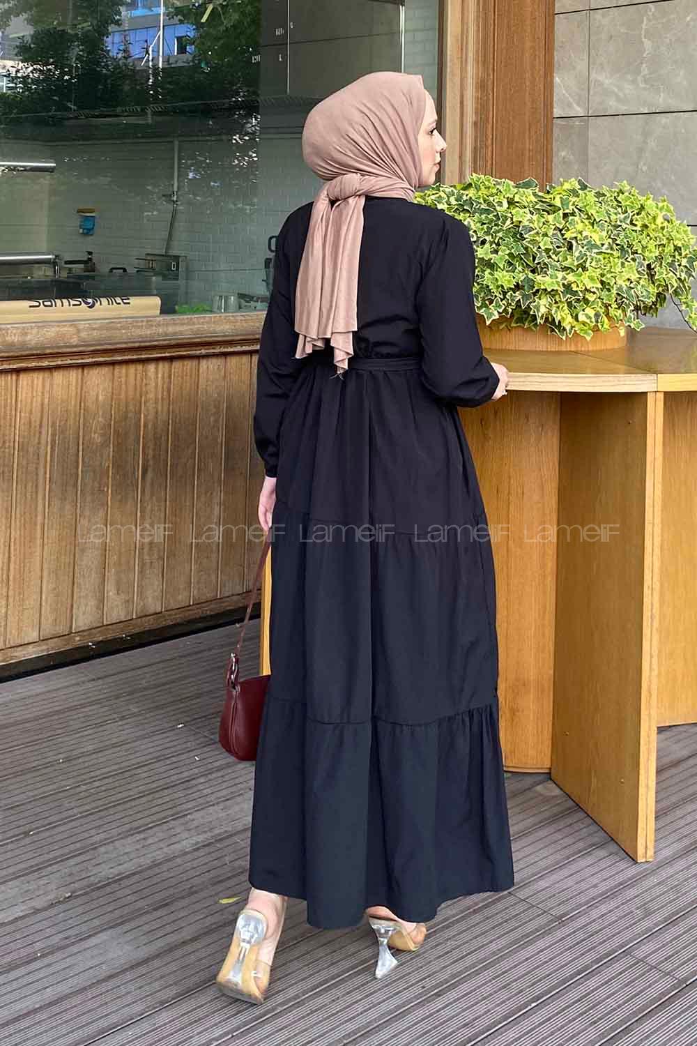 Lamelif Yarım Düğme Detaylı Terikoton Elbise Siyah