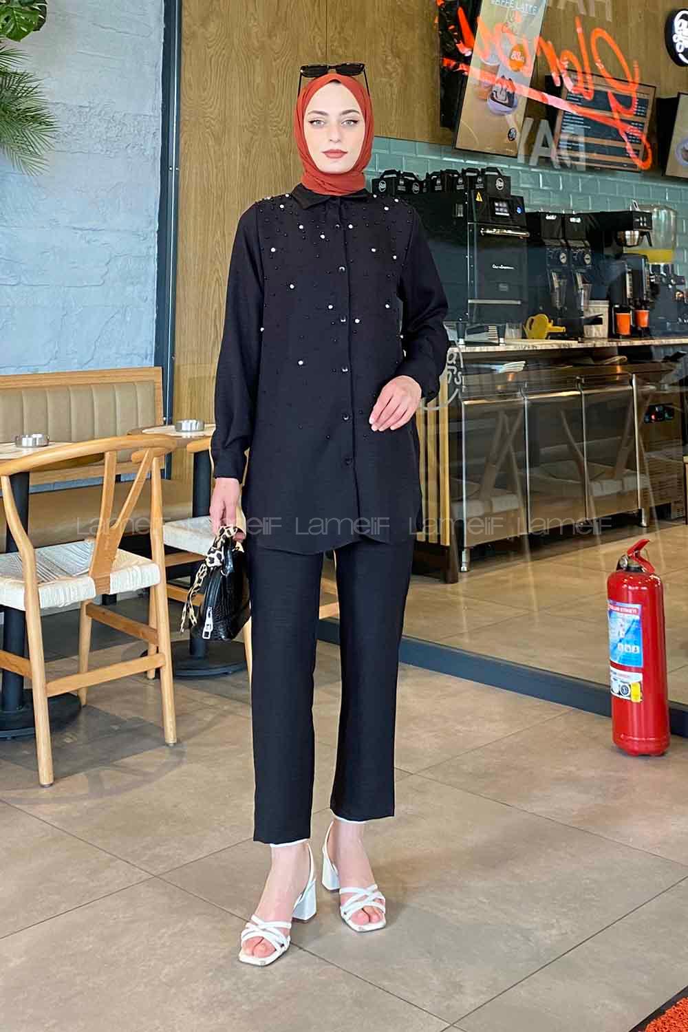 Lamelif Viola Taşlı  İkili Takım Siyah