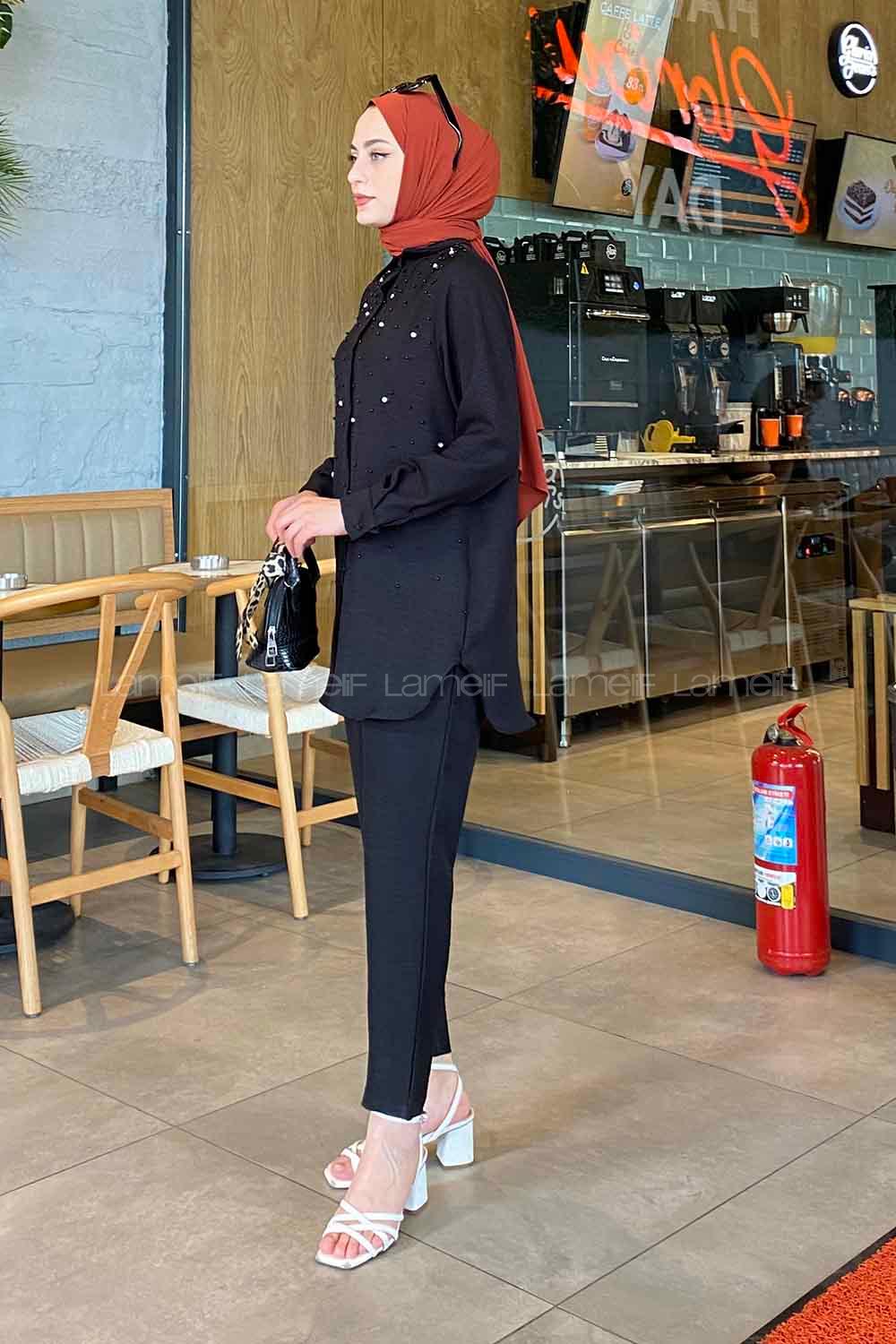 Lamelif Viola Taşlı  İkili Takım Siyah