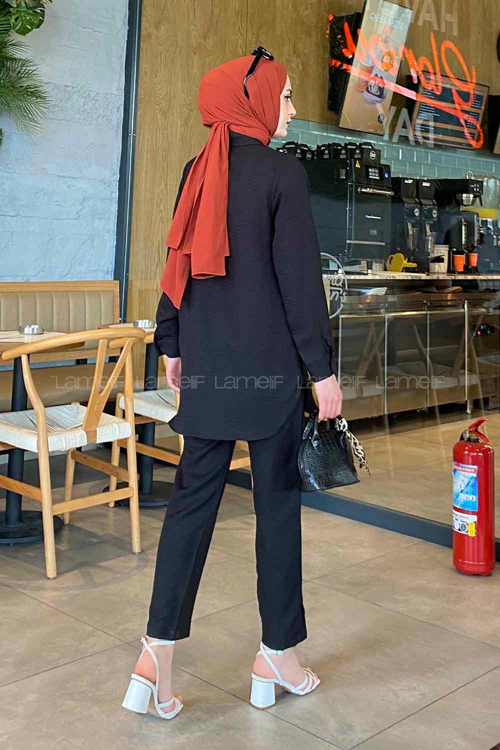 Lamelif Viola Taşlı  İkili Takım Siyah