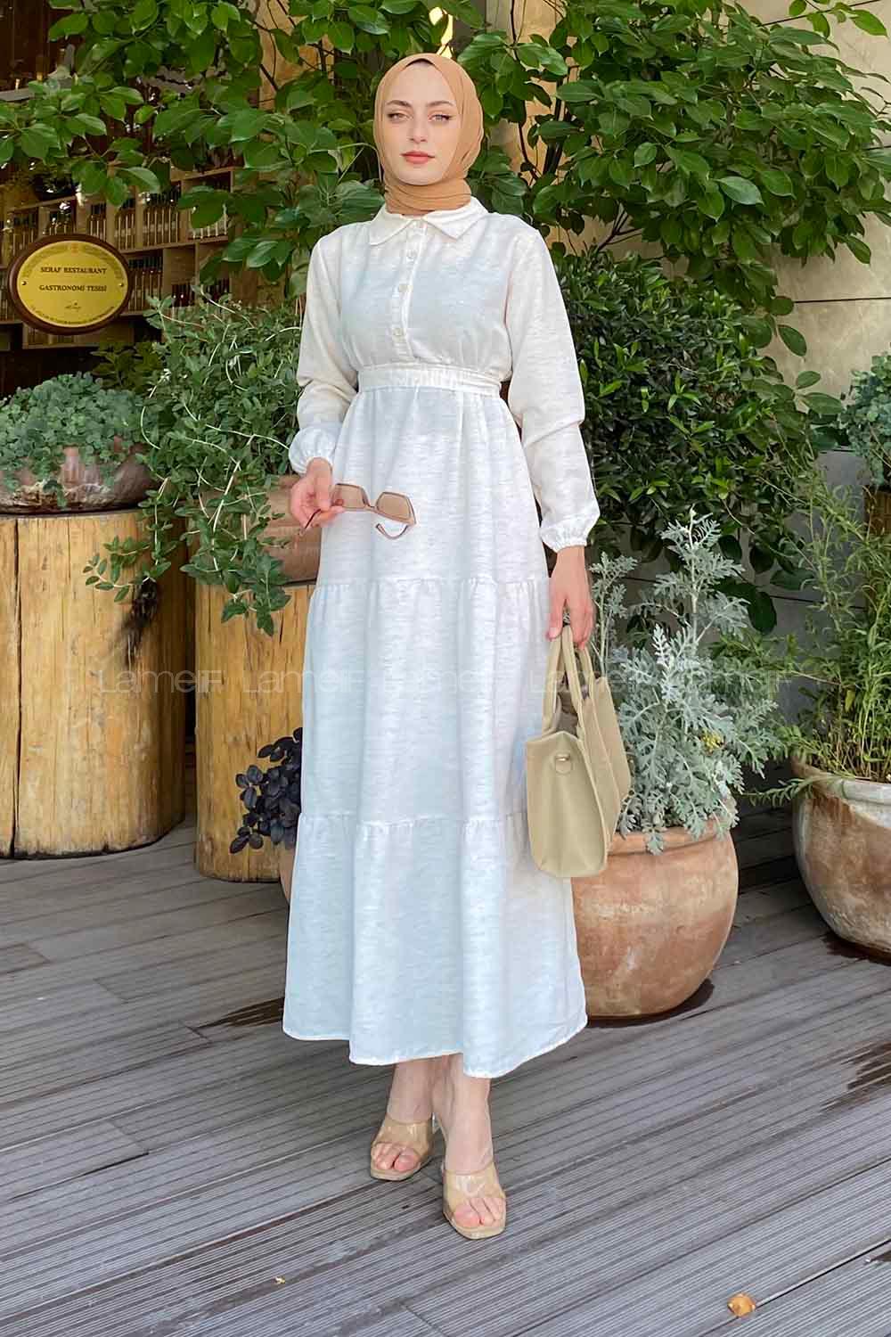 Bone Medium Crew Neck Cotton Fabric Unprinted Dresess