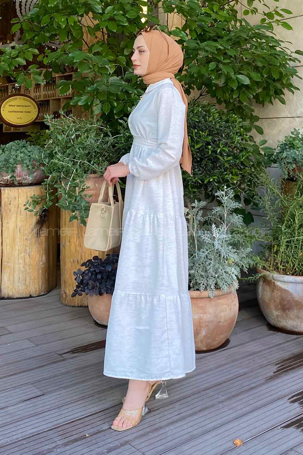 Bone Medium Crew Neck Cotton Fabric Unprinted Dresess