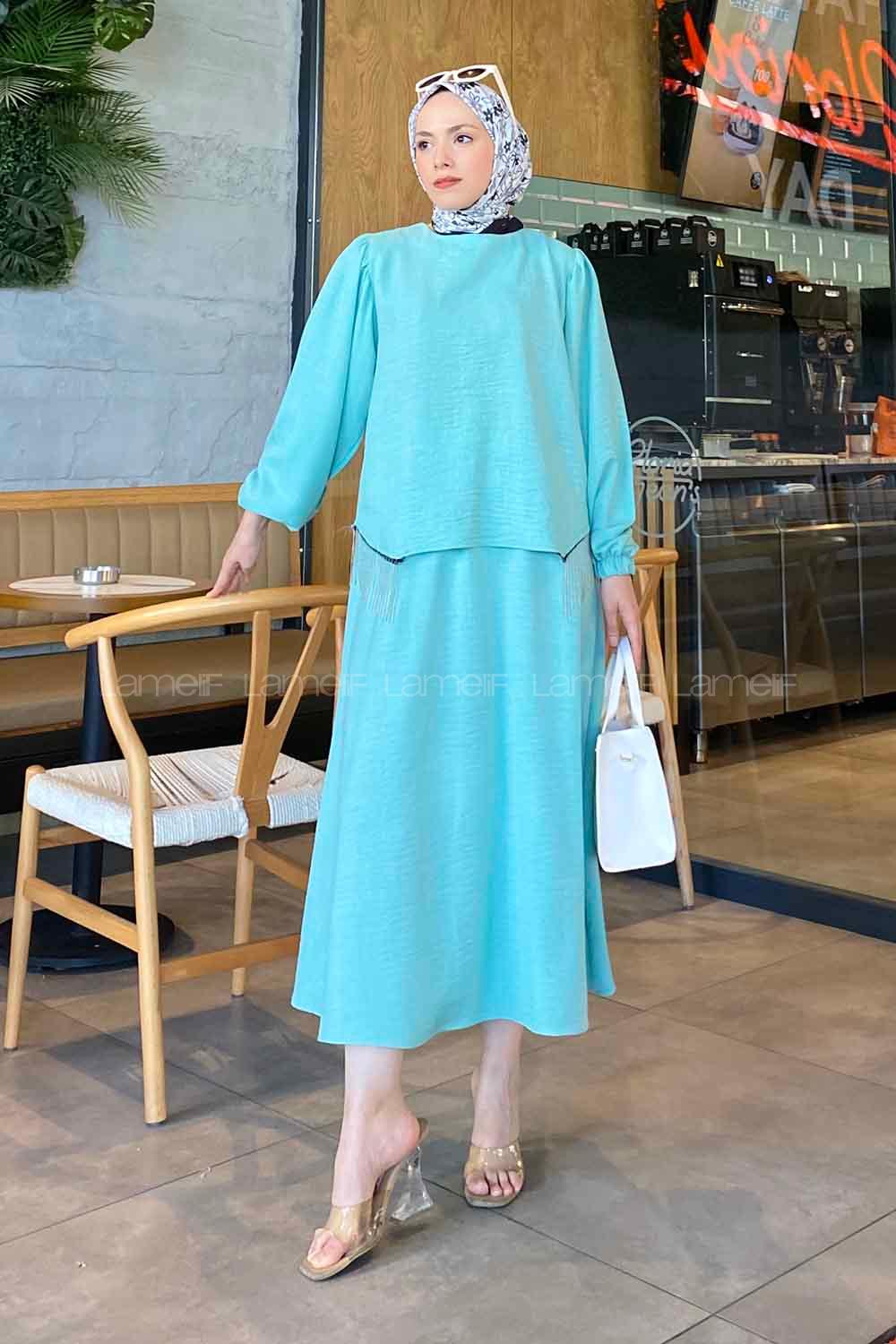 Lamelif Simona Zincir Detaylı Etekli Takım Su Yeşili