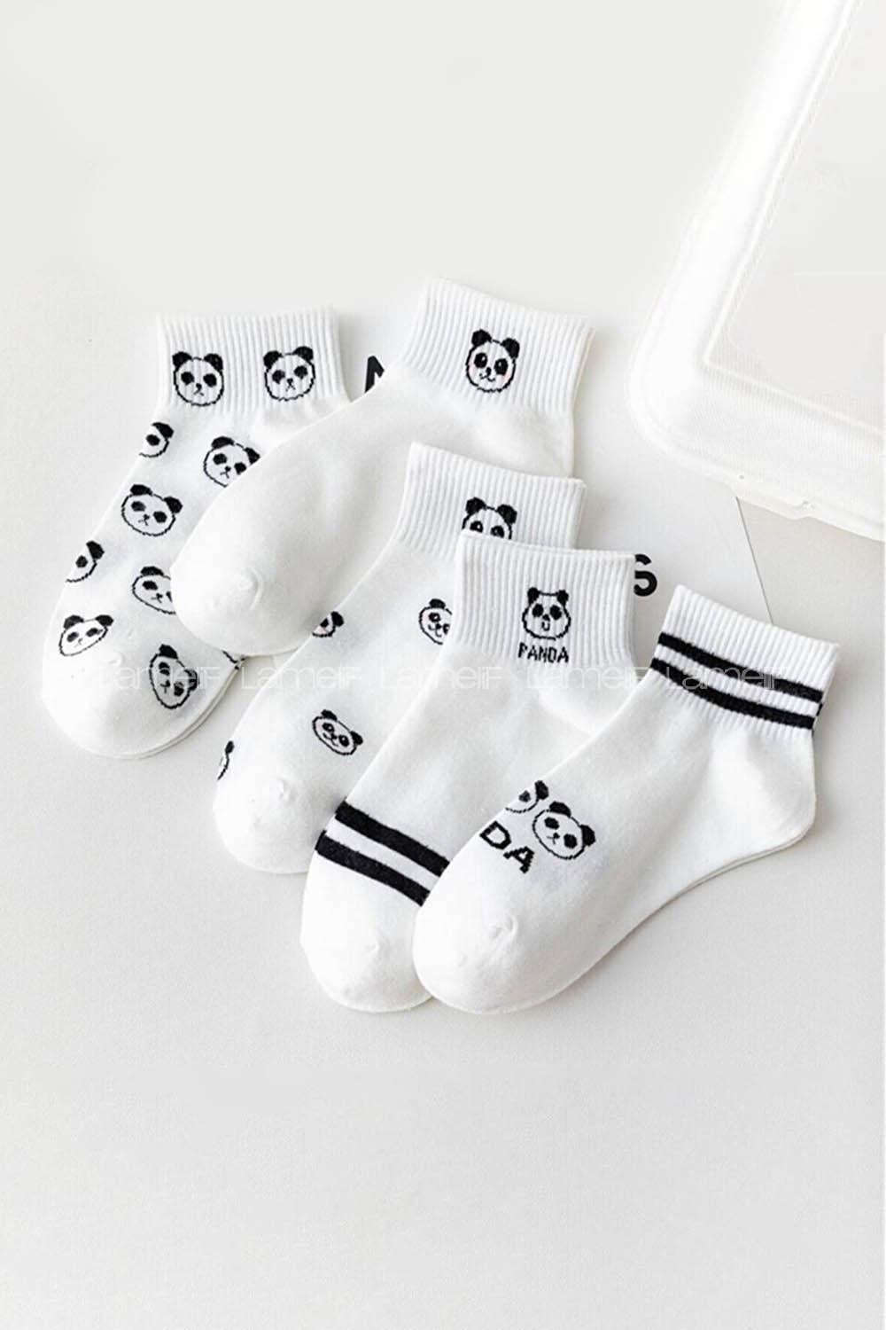 Lamelif 5 li Koton Kadın Beyaz Panda Çorap