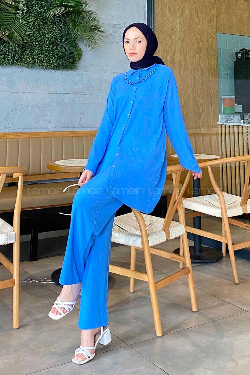 Blue Shirt Collar Long Arm With Necklace Linen Flared Trousers Linen Suit