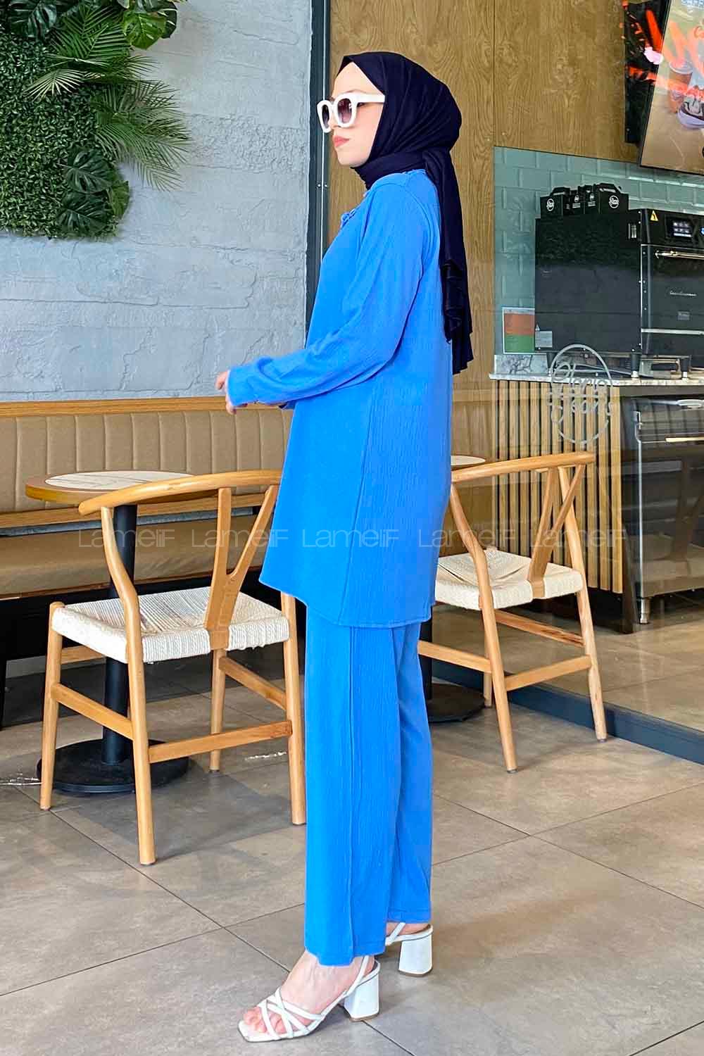 Blue Shirt Collar Long Arm With Necklace Linen Flared Trousers Linen Suit