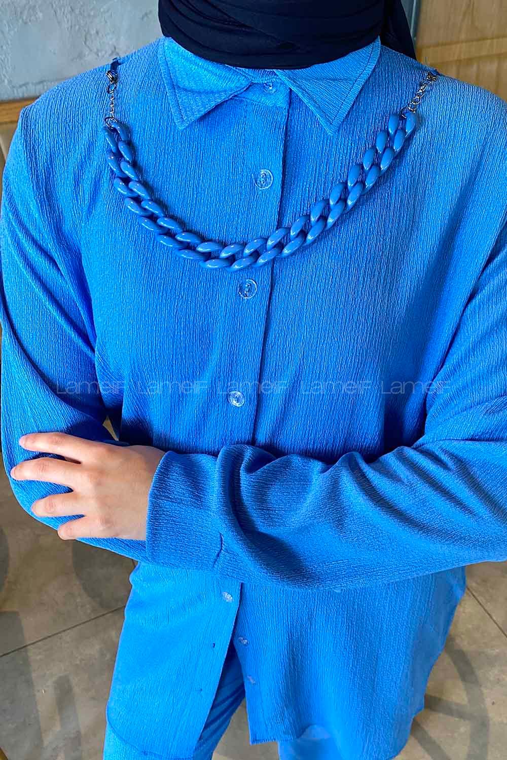Blue Shirt Collar Long Arm With Necklace Linen Flared Trousers Linen Suit