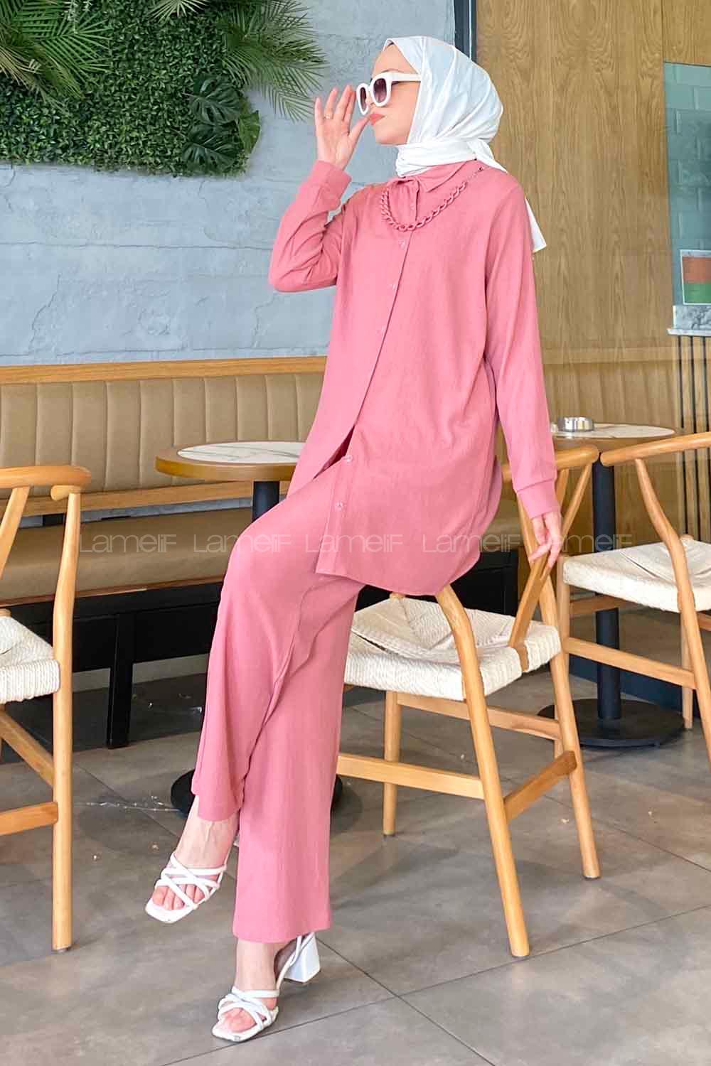 Pink Shirt Collar Long Arm With Necklace Linen Flared Trousers Linen Suit
