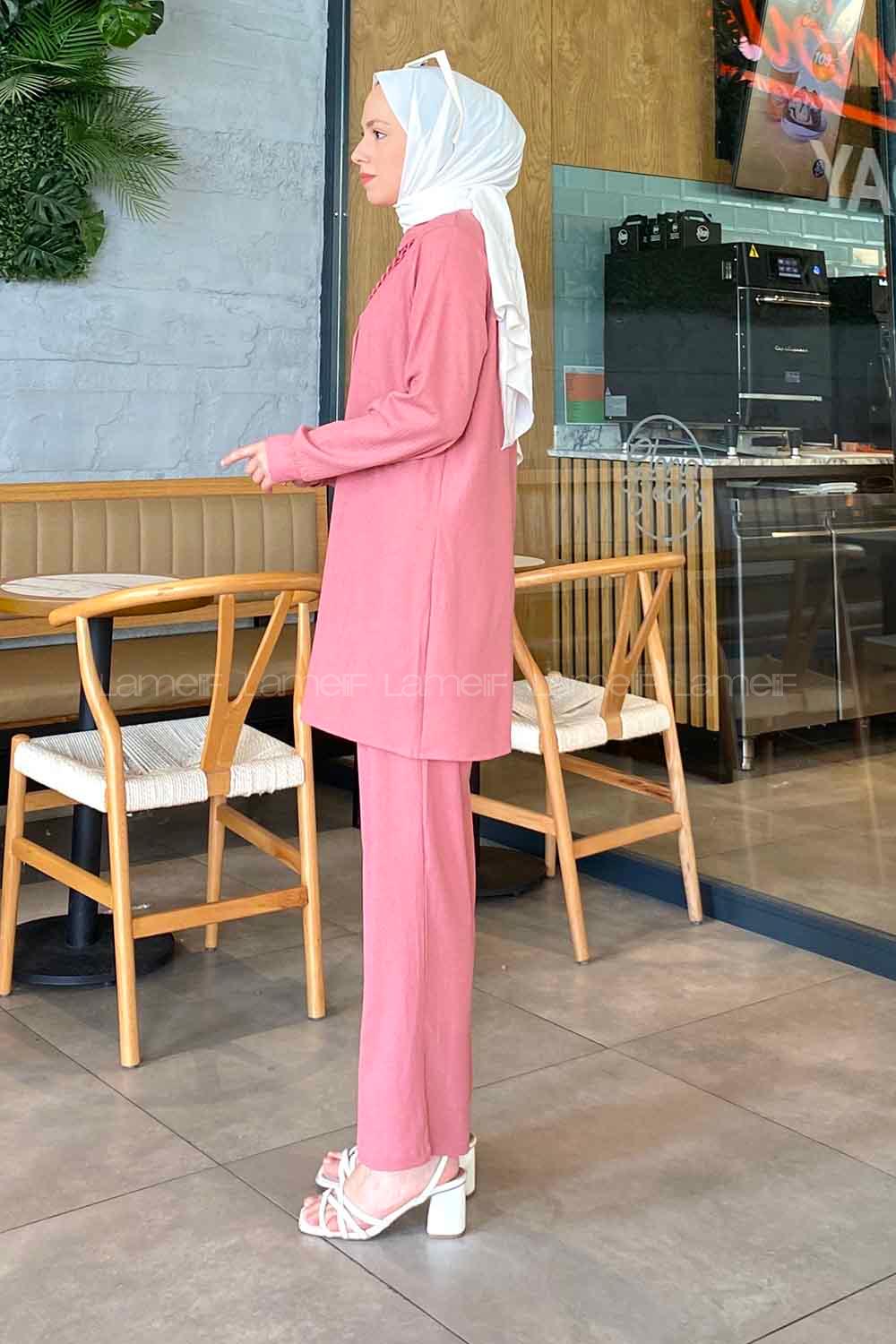 Pink Shirt Collar Long Arm With Necklace Linen Flared Trousers Linen Suit