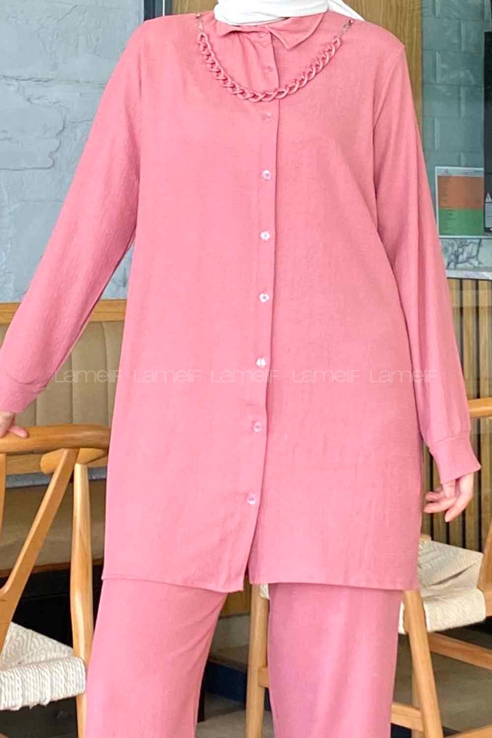 Pink Shirt Collar Long Arm With Necklace Linen Flared Trousers Linen Suit