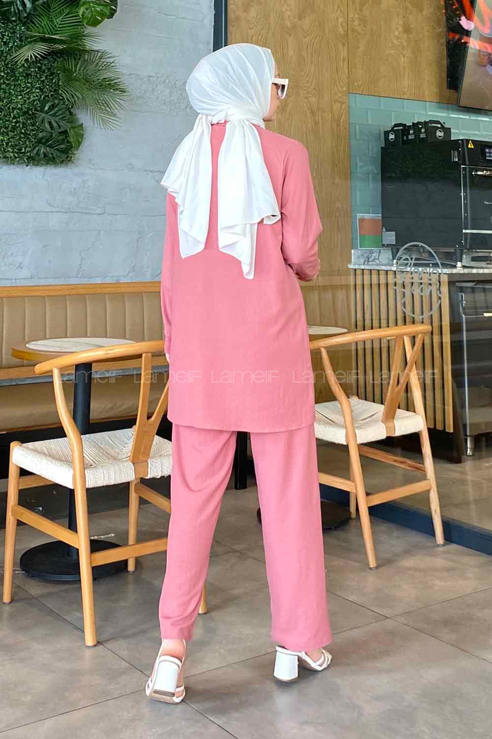 Pink Shirt Collar Long Arm With Necklace Linen Flared Trousers Linen Suit
