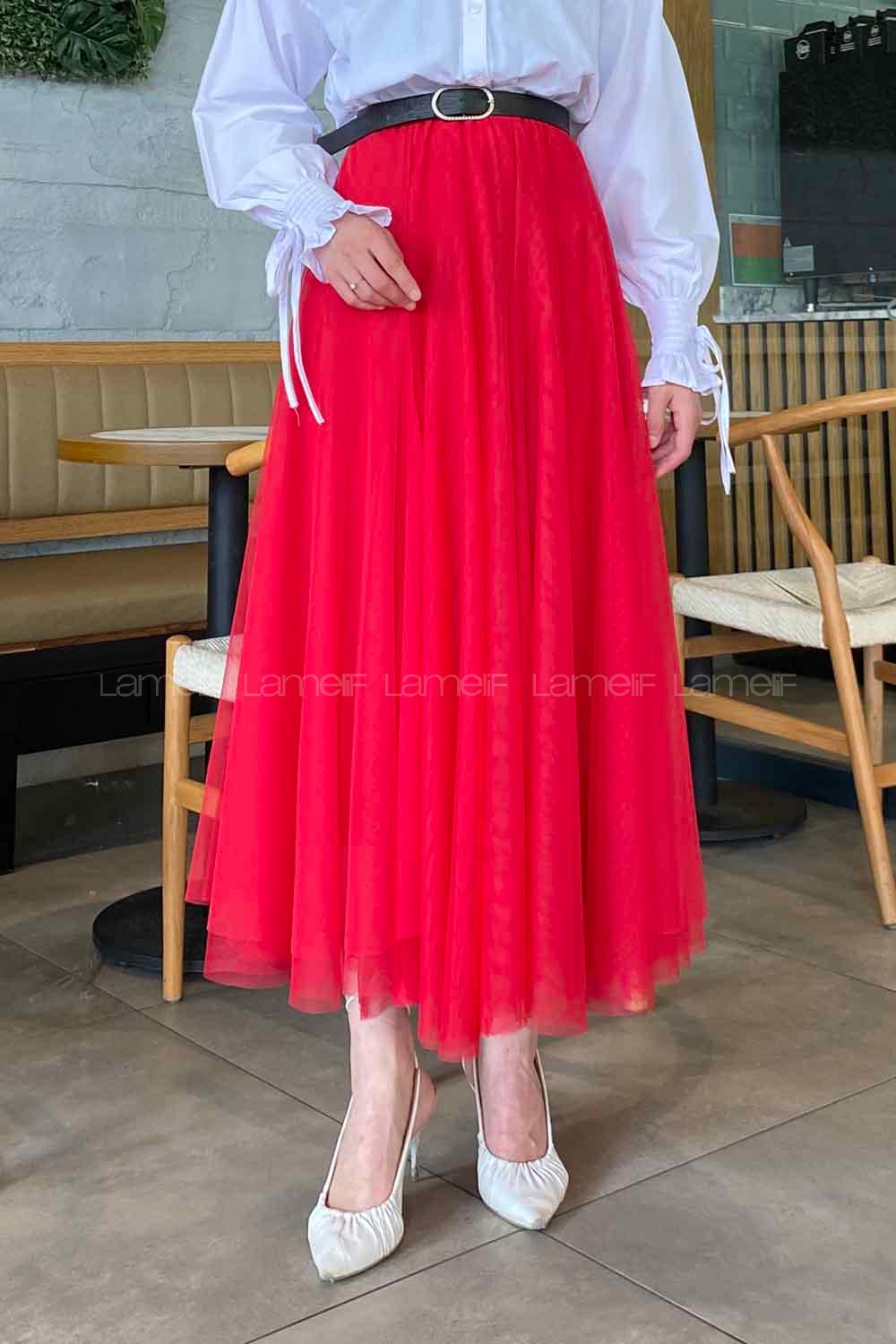Lamelif Düz Renk Tül Etek  Kırmızı
