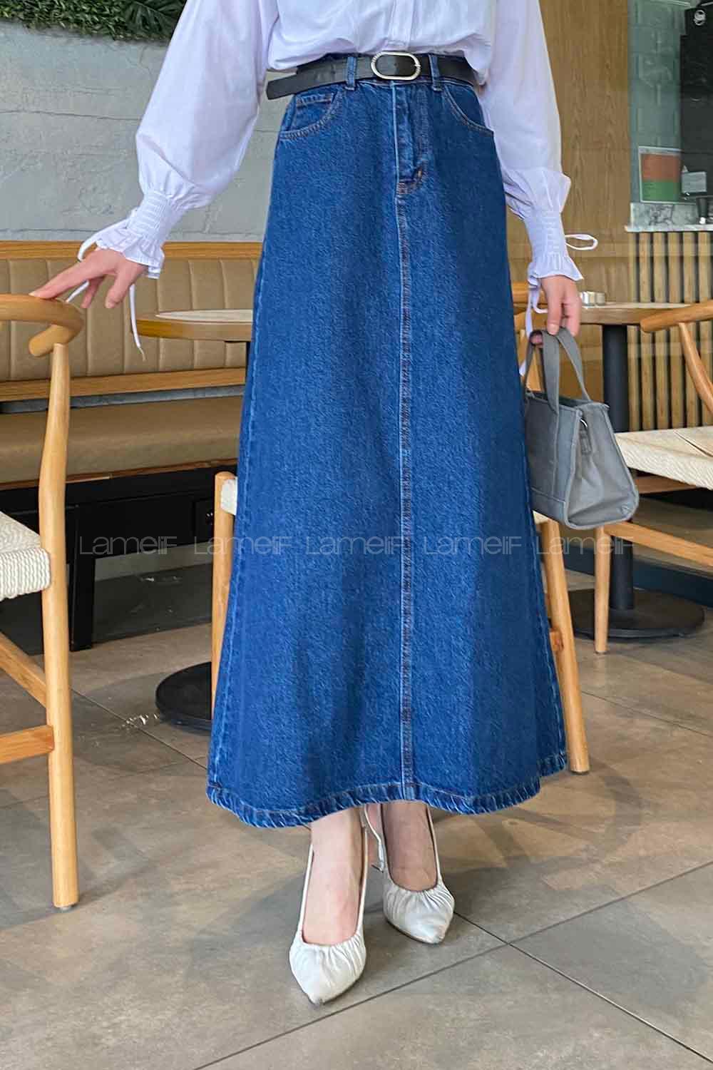 Dark Blue Denim Unprinted Straight Skirt Skirt