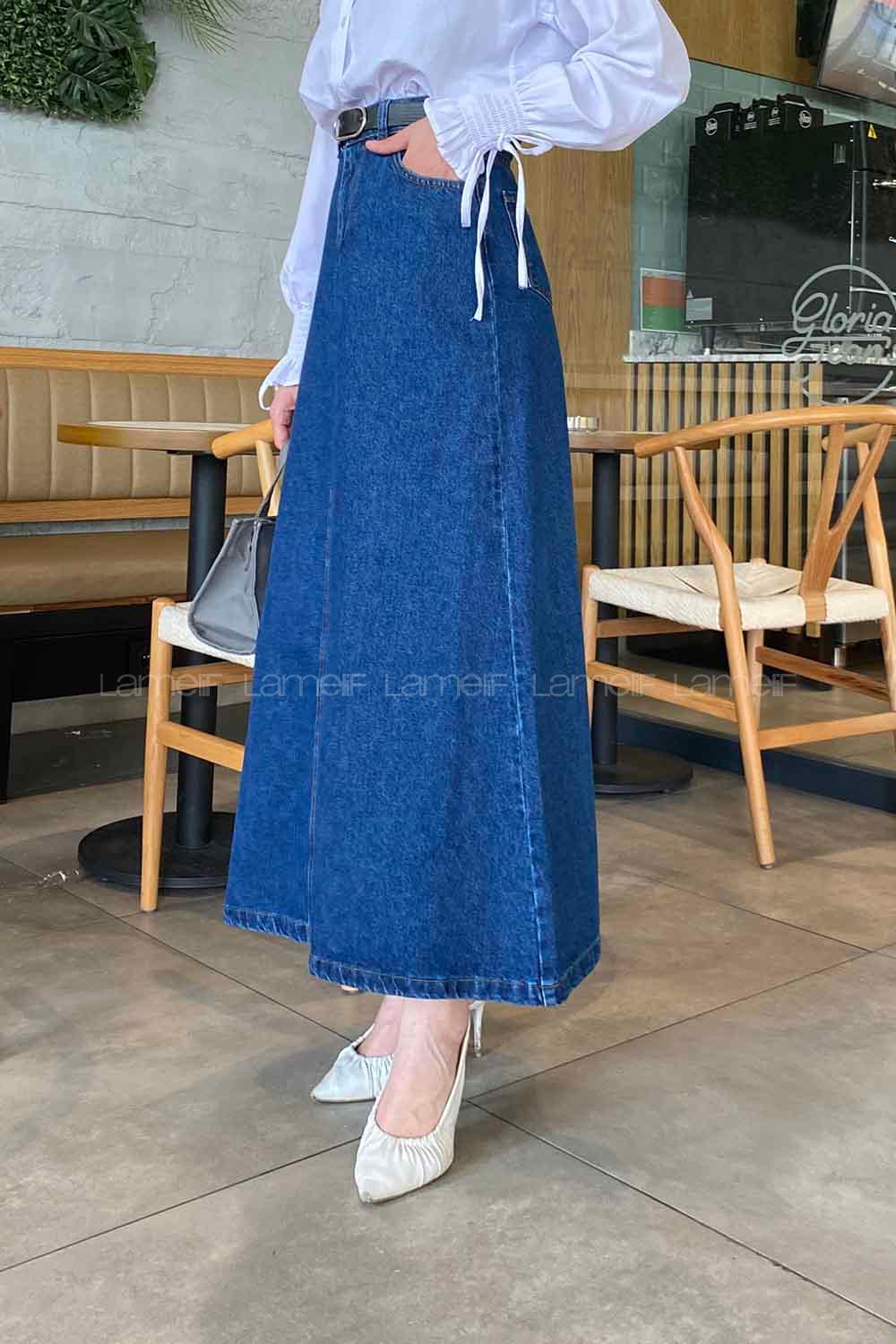 Dark Blue Denim Unprinted Straight Skirt Skirt
